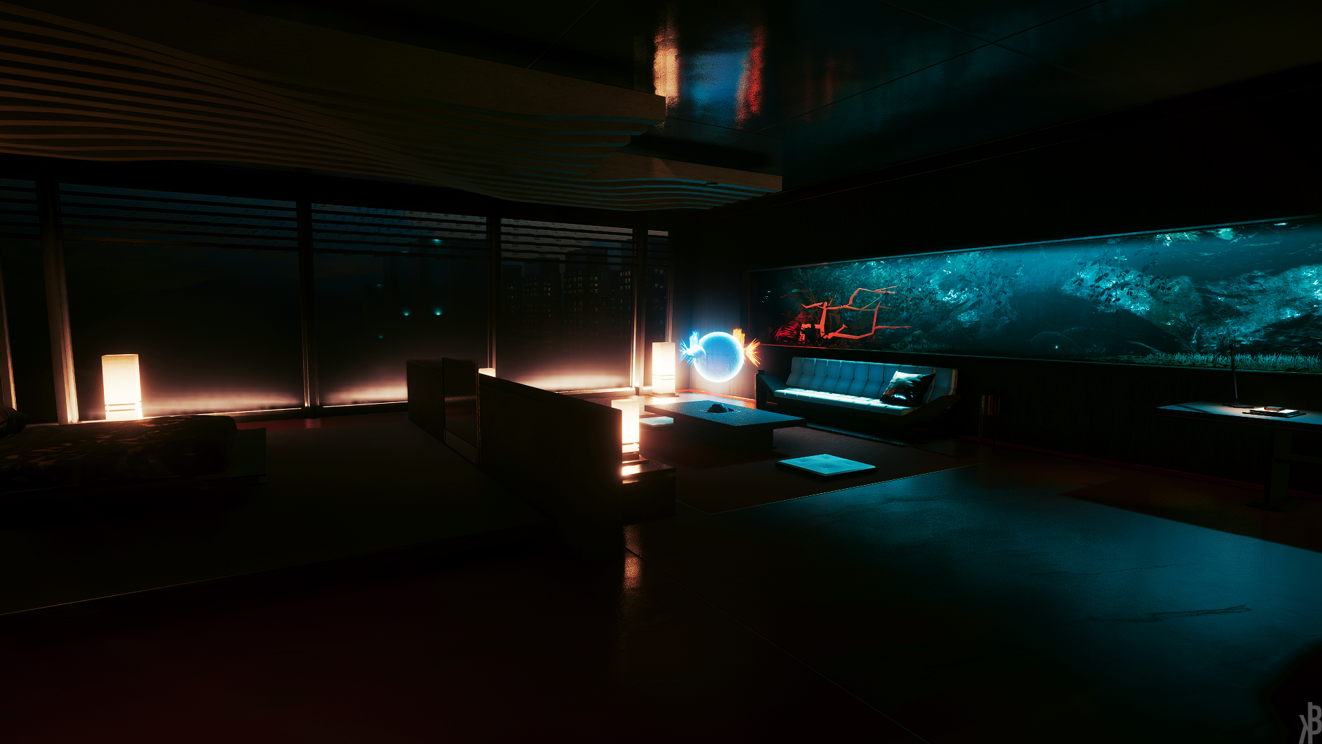Cyberpunk 2077 interior with aquarium and neon lights HD Wallpaper