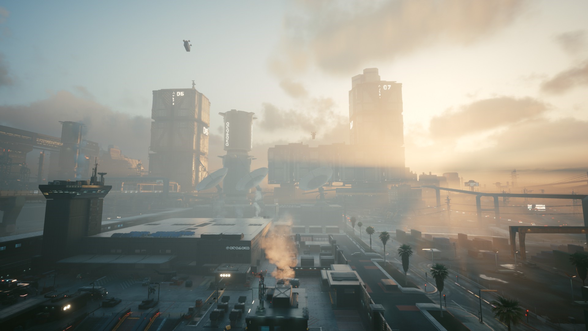 Cyberpunk 2077 cityscape at sunrise with flying vehicle HD Wallpaper