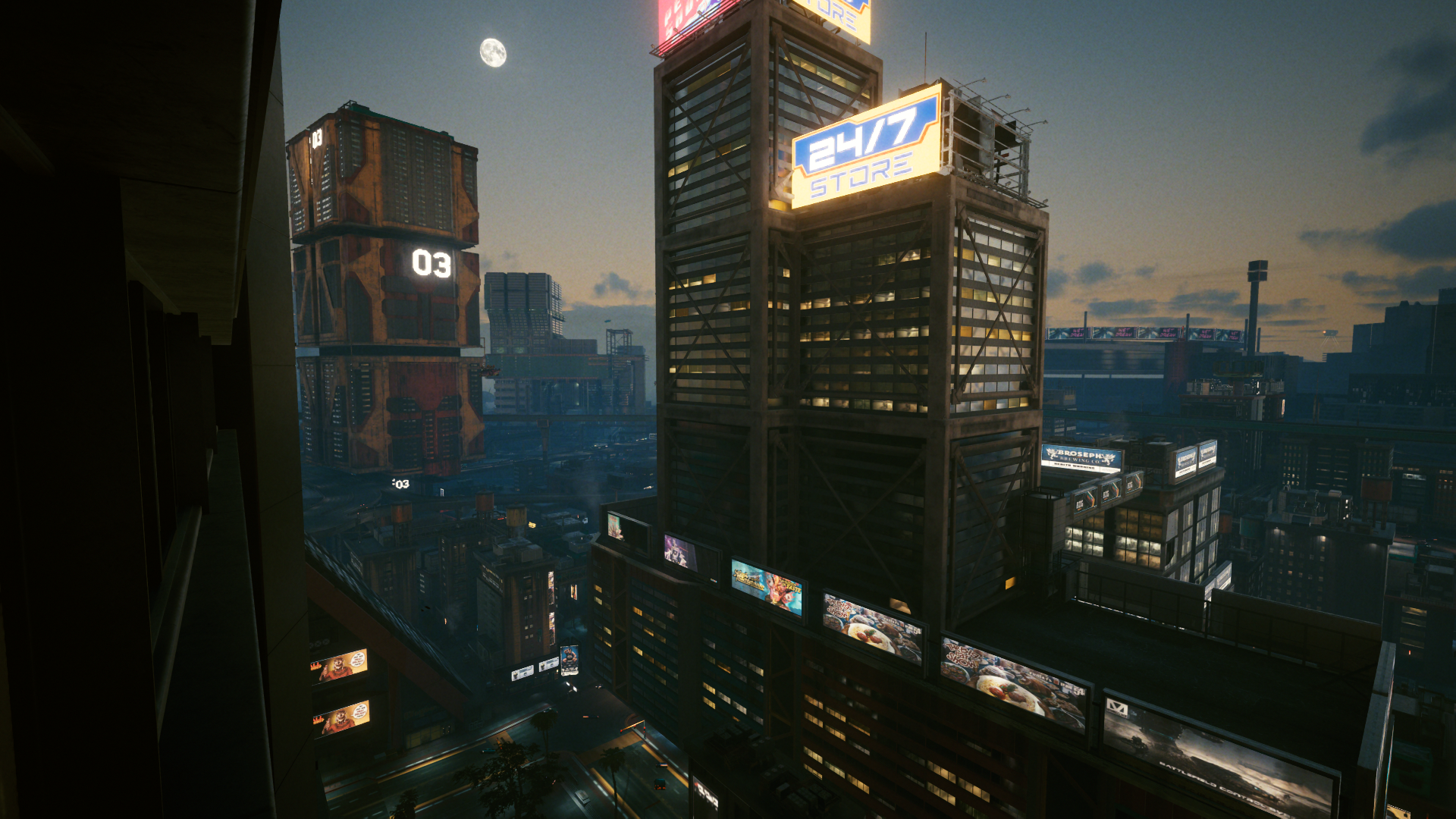 Cyberpunk 2077 cityscape with 24/7 store HD Wallpaper