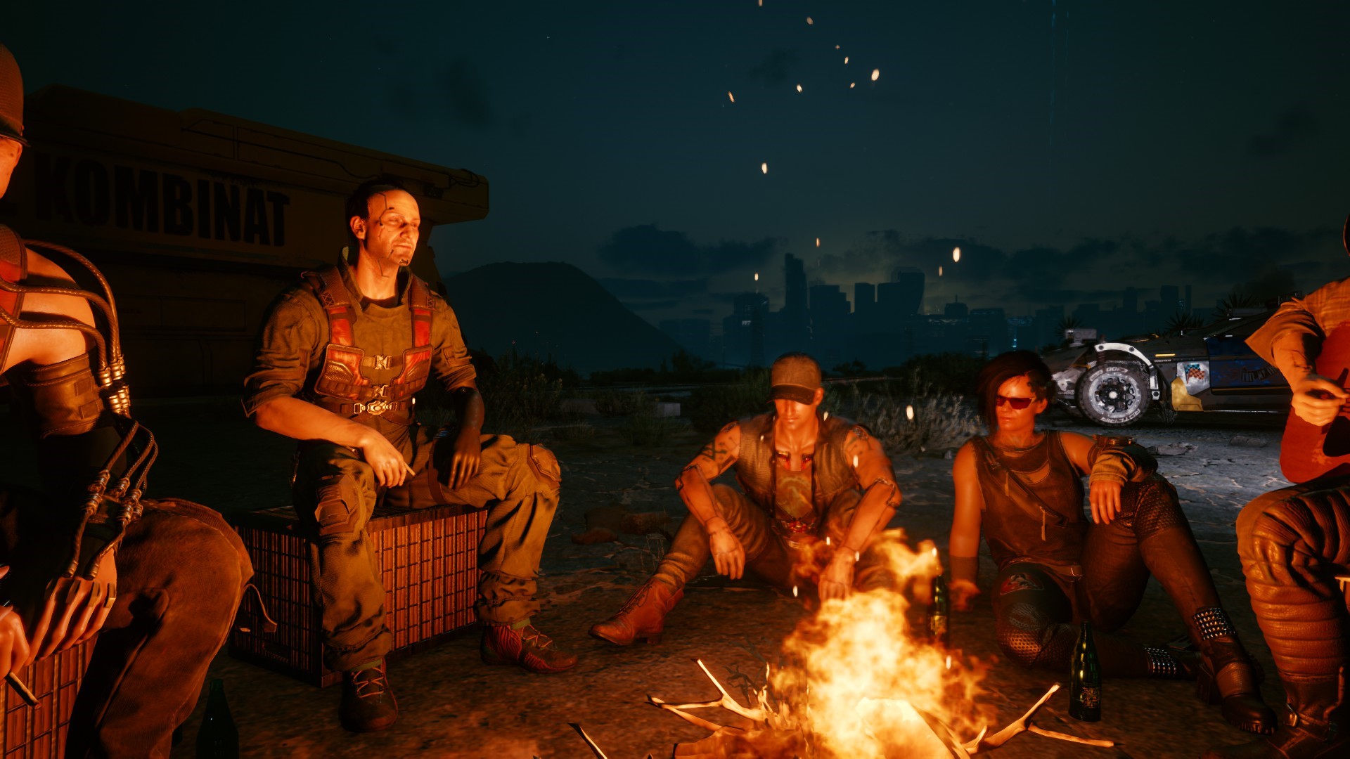 Cyberpunk 2077 group around a campfire at night HD Wallpaper