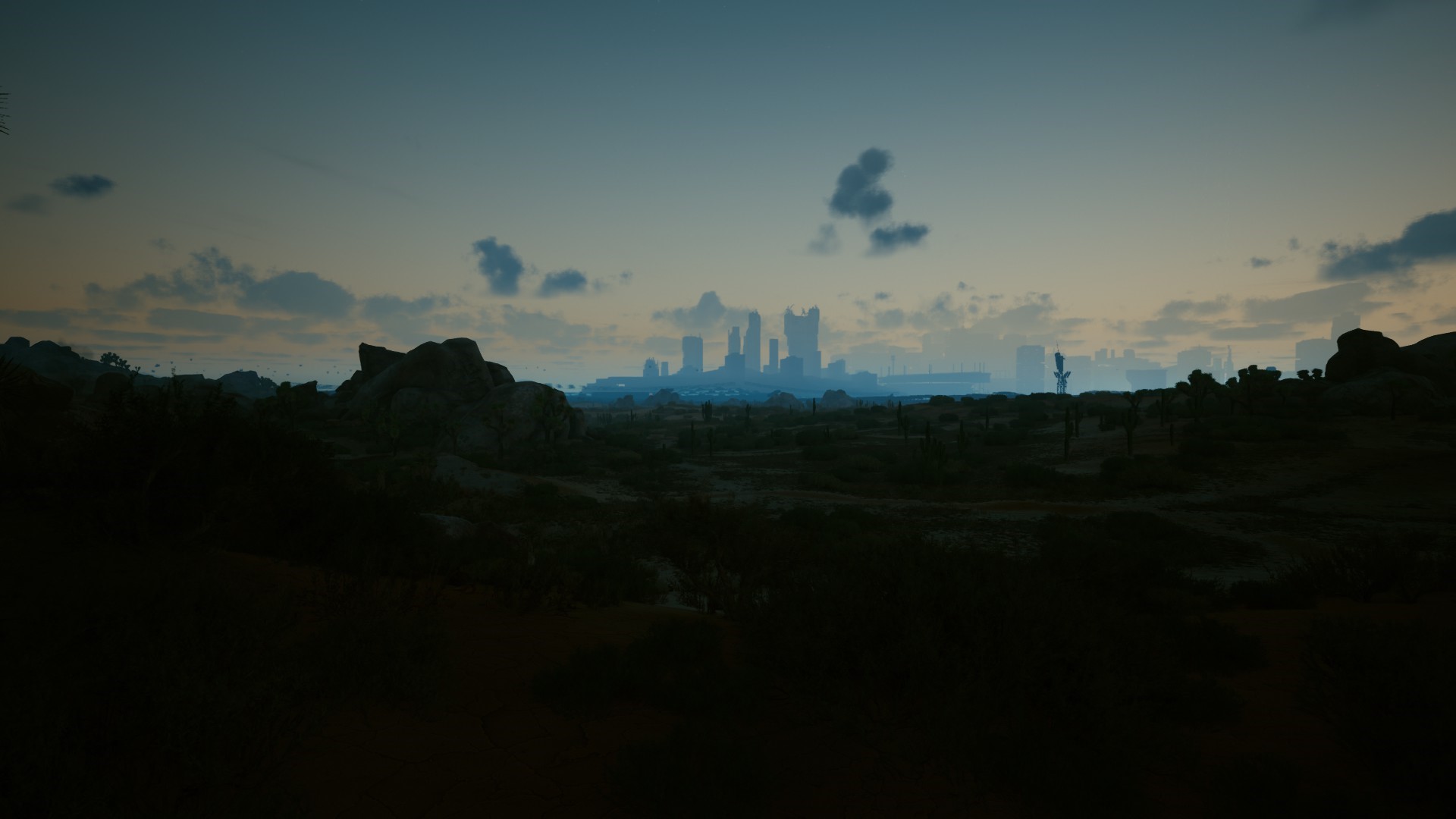 Cyberpunk 2077 desert landscape with city skyline HD Wallpaper
