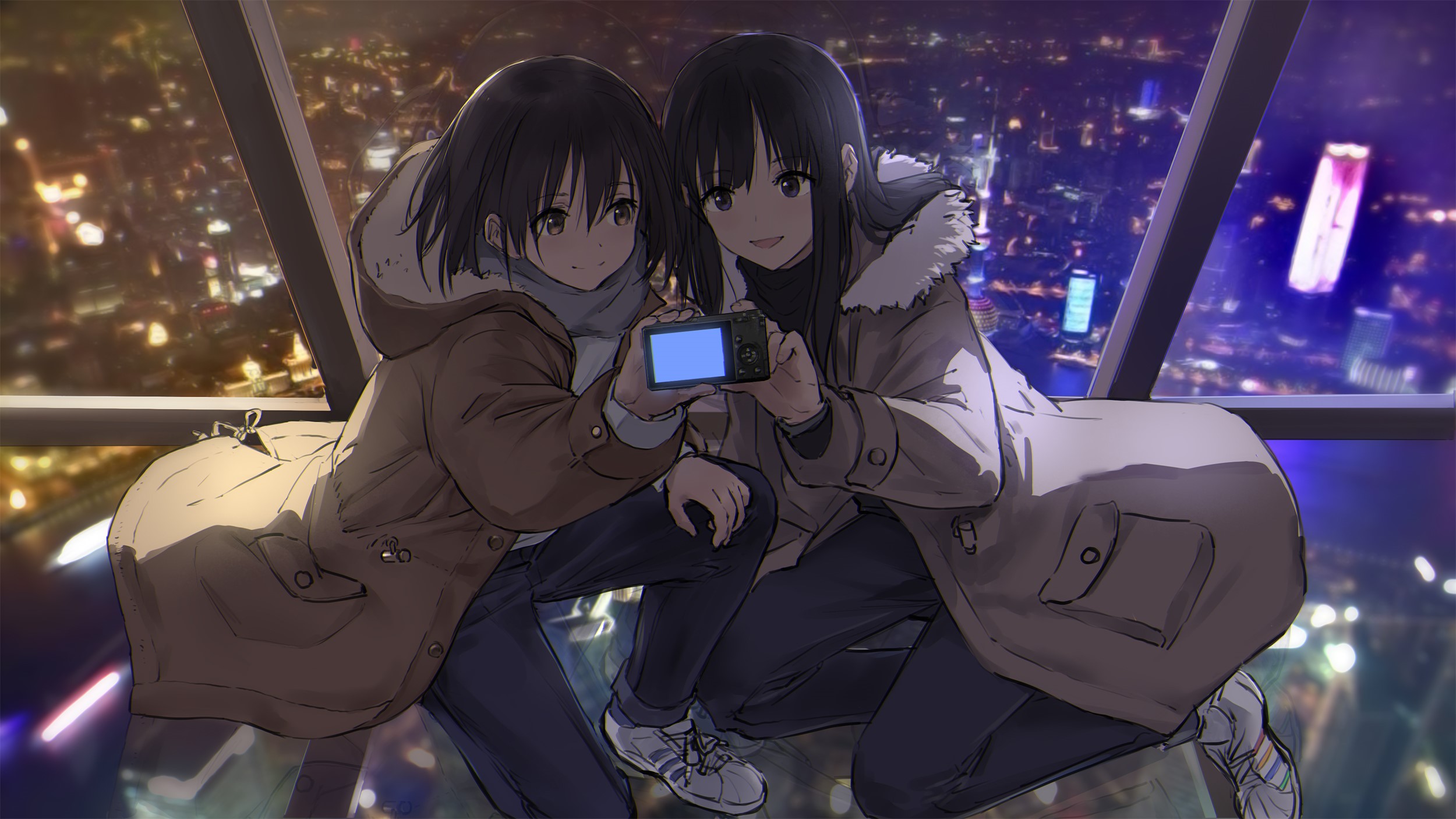 Two anime girls taking a selfie with a camera overlooking a cityscape at night HD Wallpaper