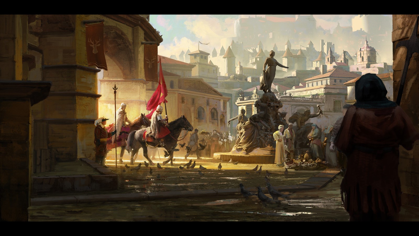 Digital artwork of a medieval town square with a procession HD Wallpaper