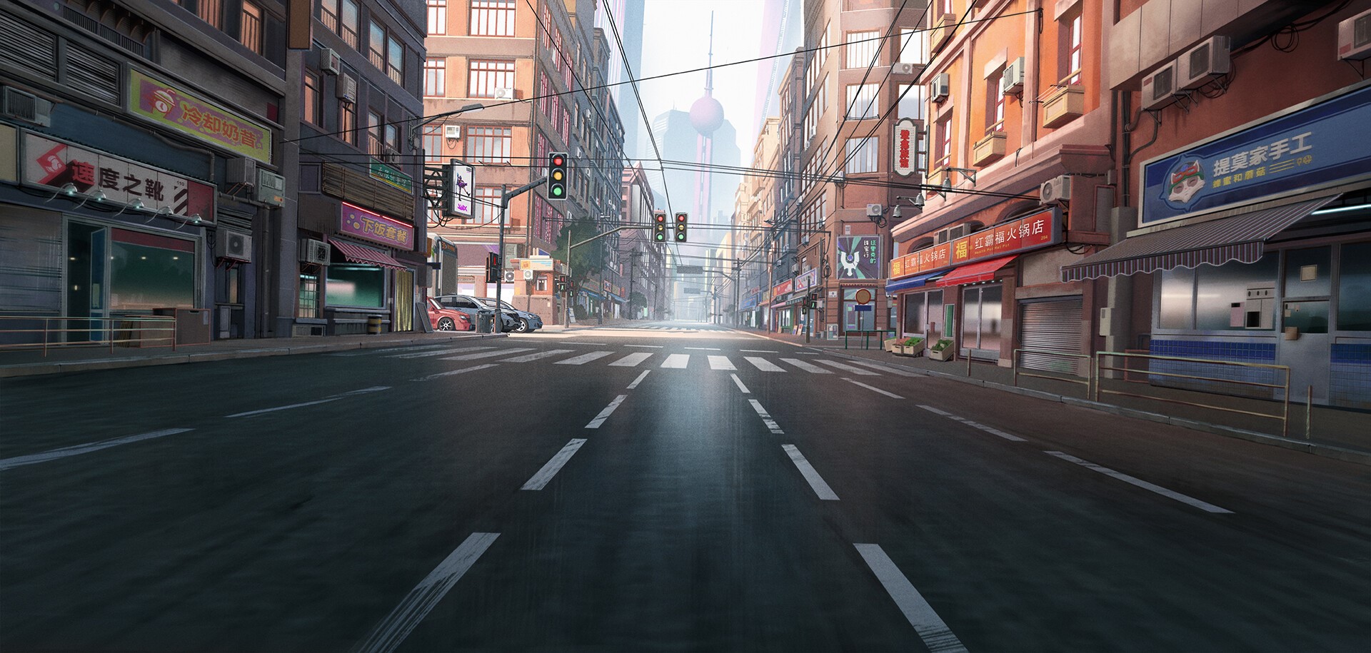 Street scene with buildings and traffic lights HD Wallpaper