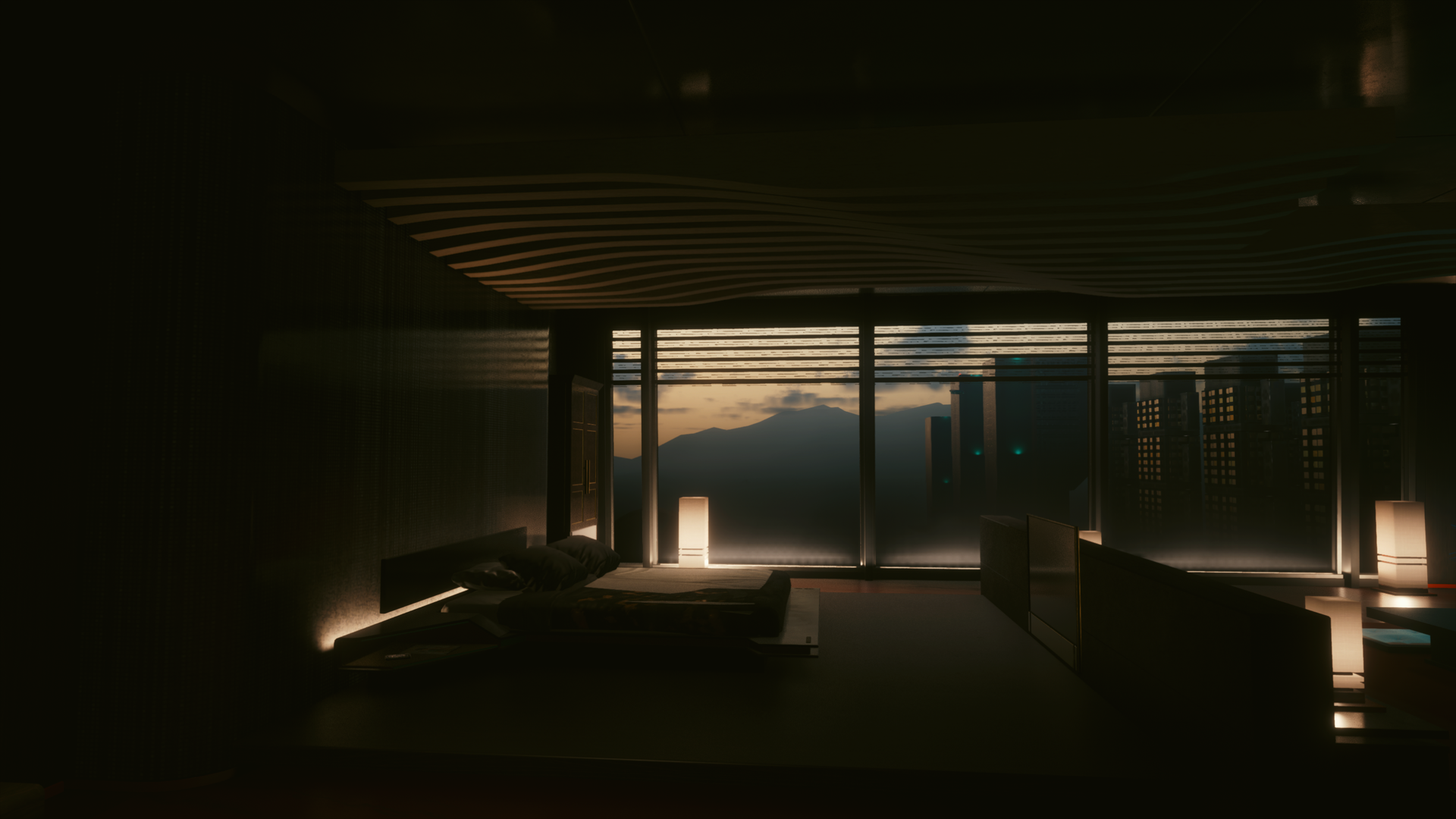 Cyberpunk 2077 bedroom with city view at sunset HD Wallpaper