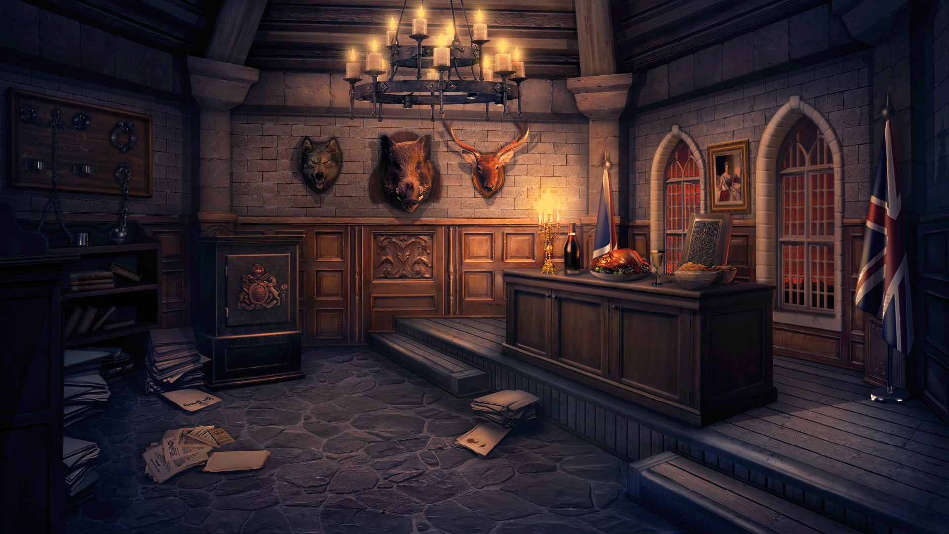 Office with animal heads, safe, and food HD Wallpaper