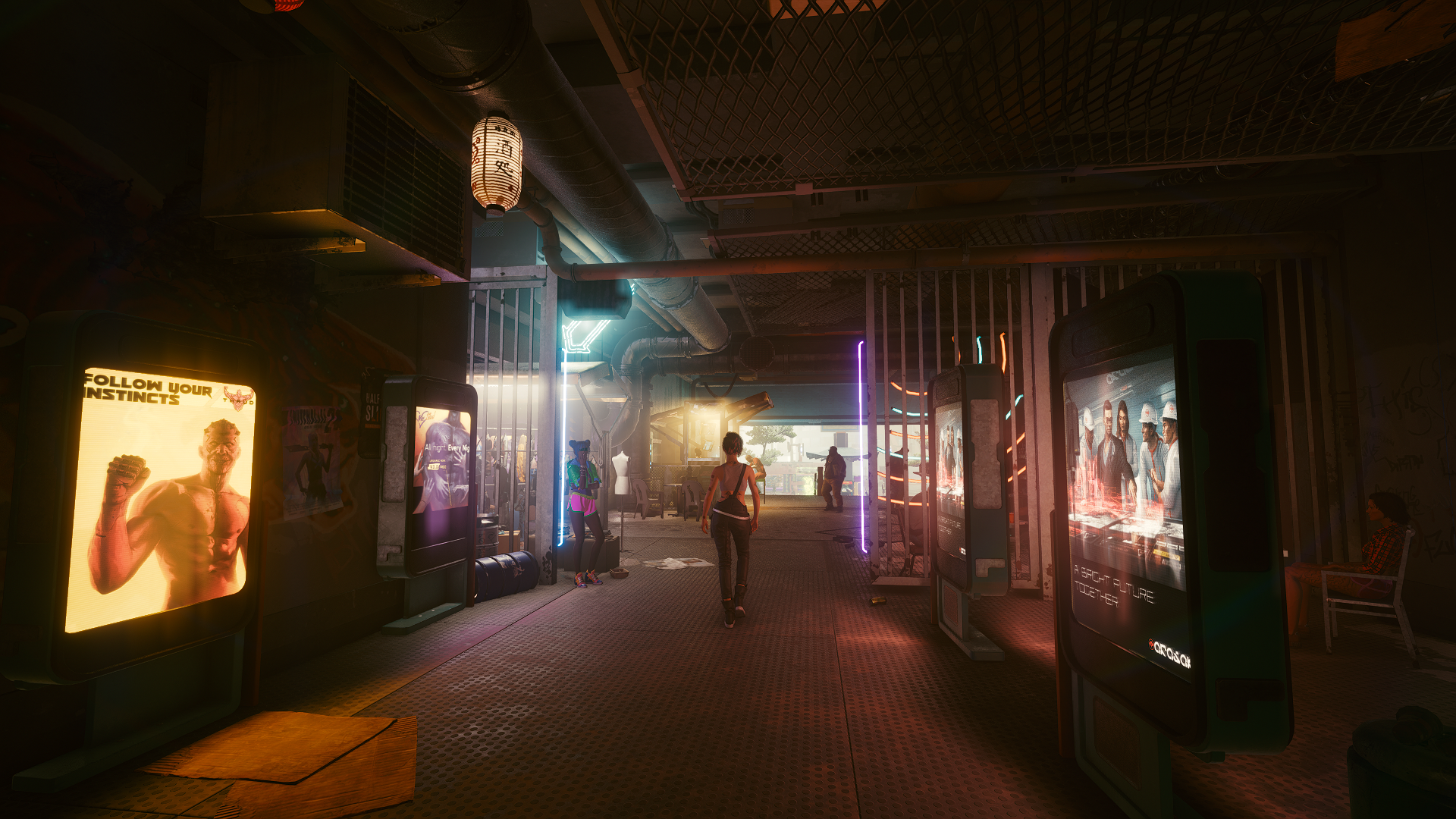 Cyberpunk 2077 corridor with advertisements HD Wallpaper