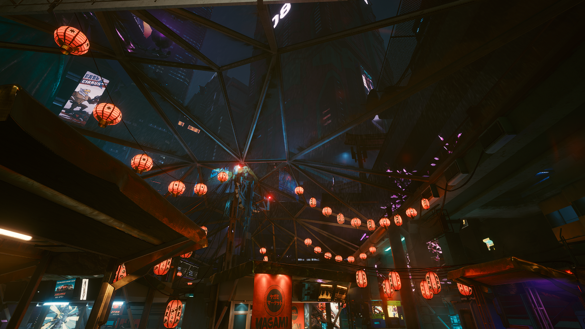 Cyberpunk 2077 street scene with lanterns HD Wallpaper