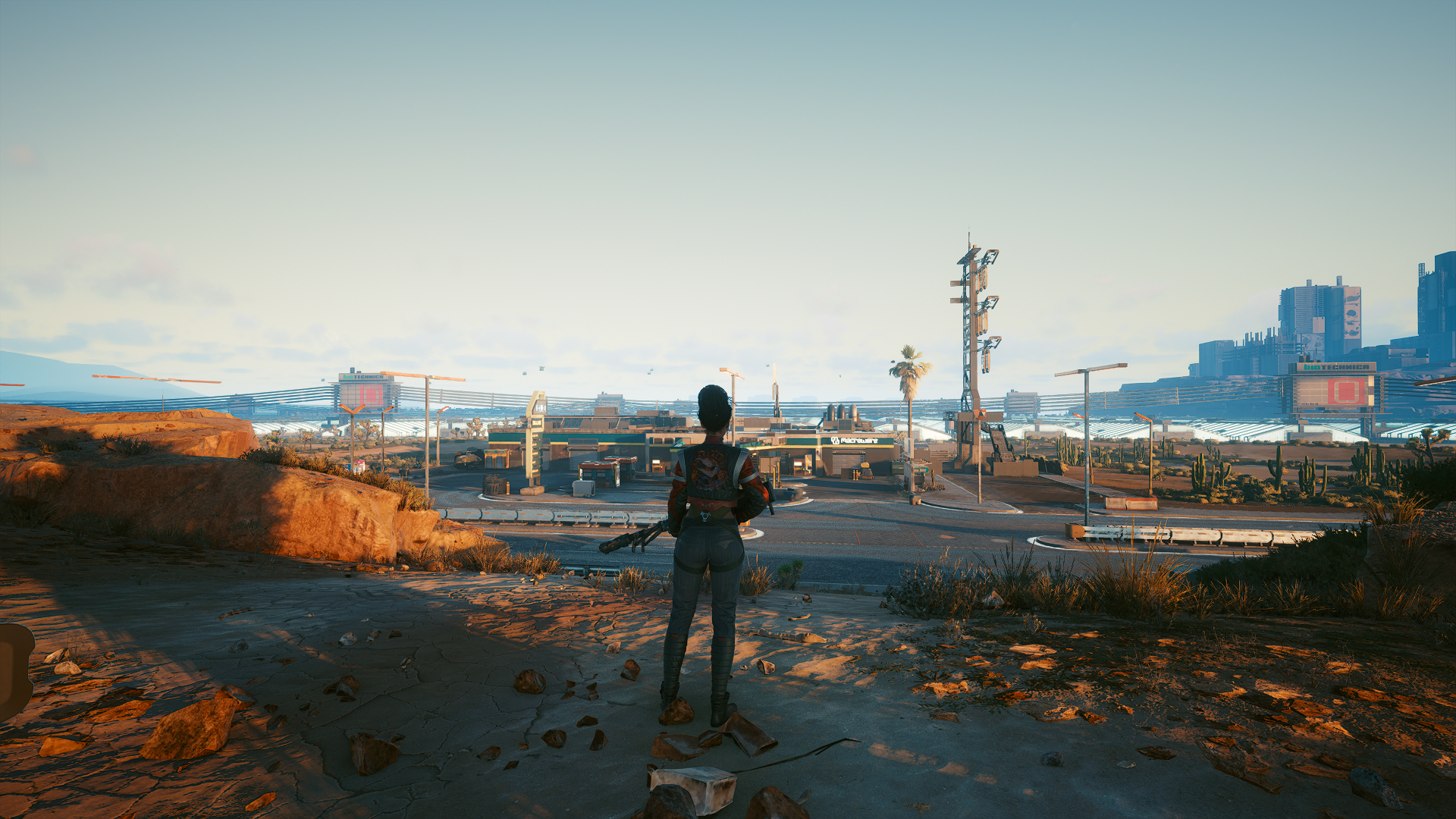 Cyberpunk 2077 screenshot of a character in a desert landscape HD Wallpaper