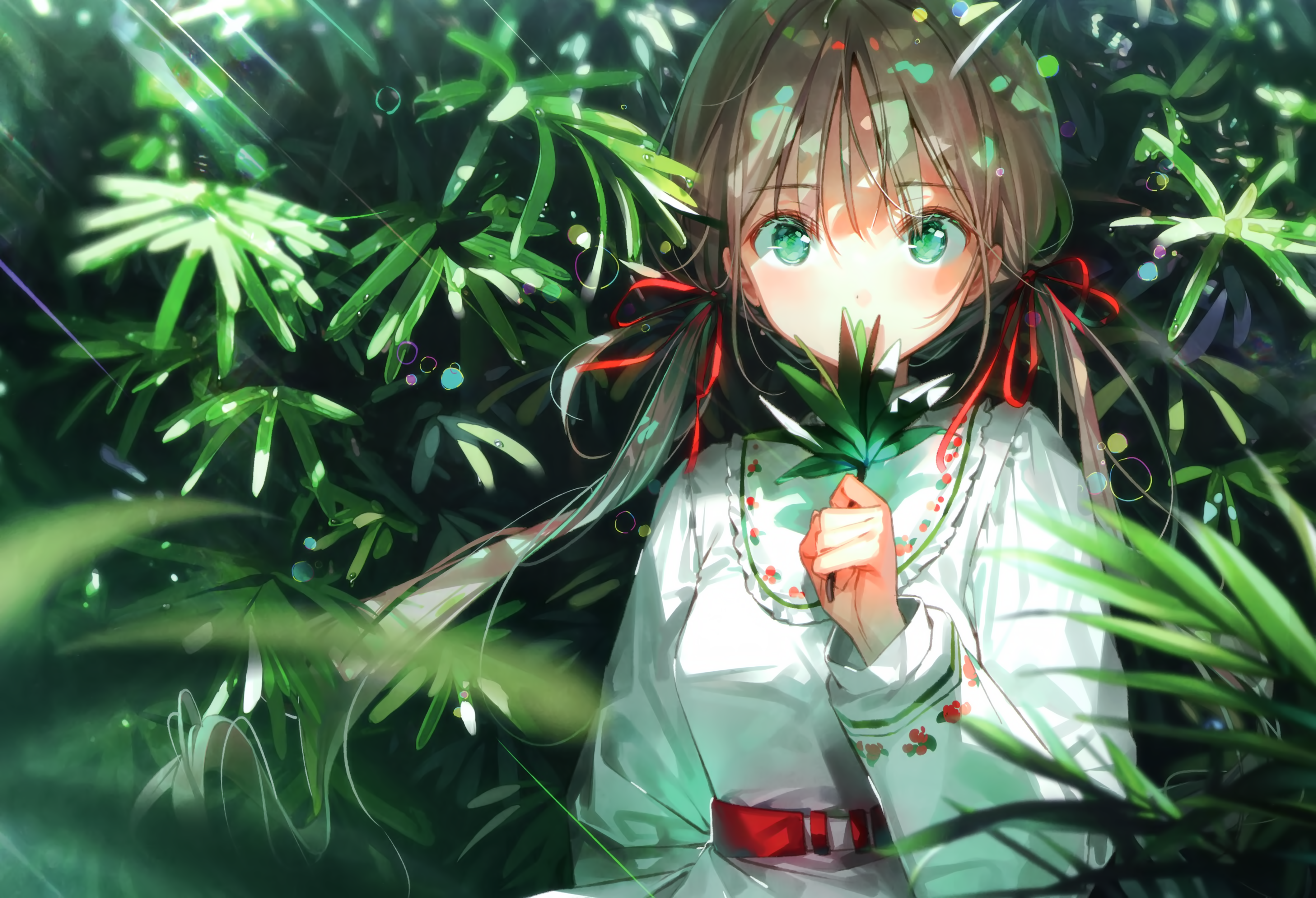 Anime girl with green eyes in leaves HD Wallpaper