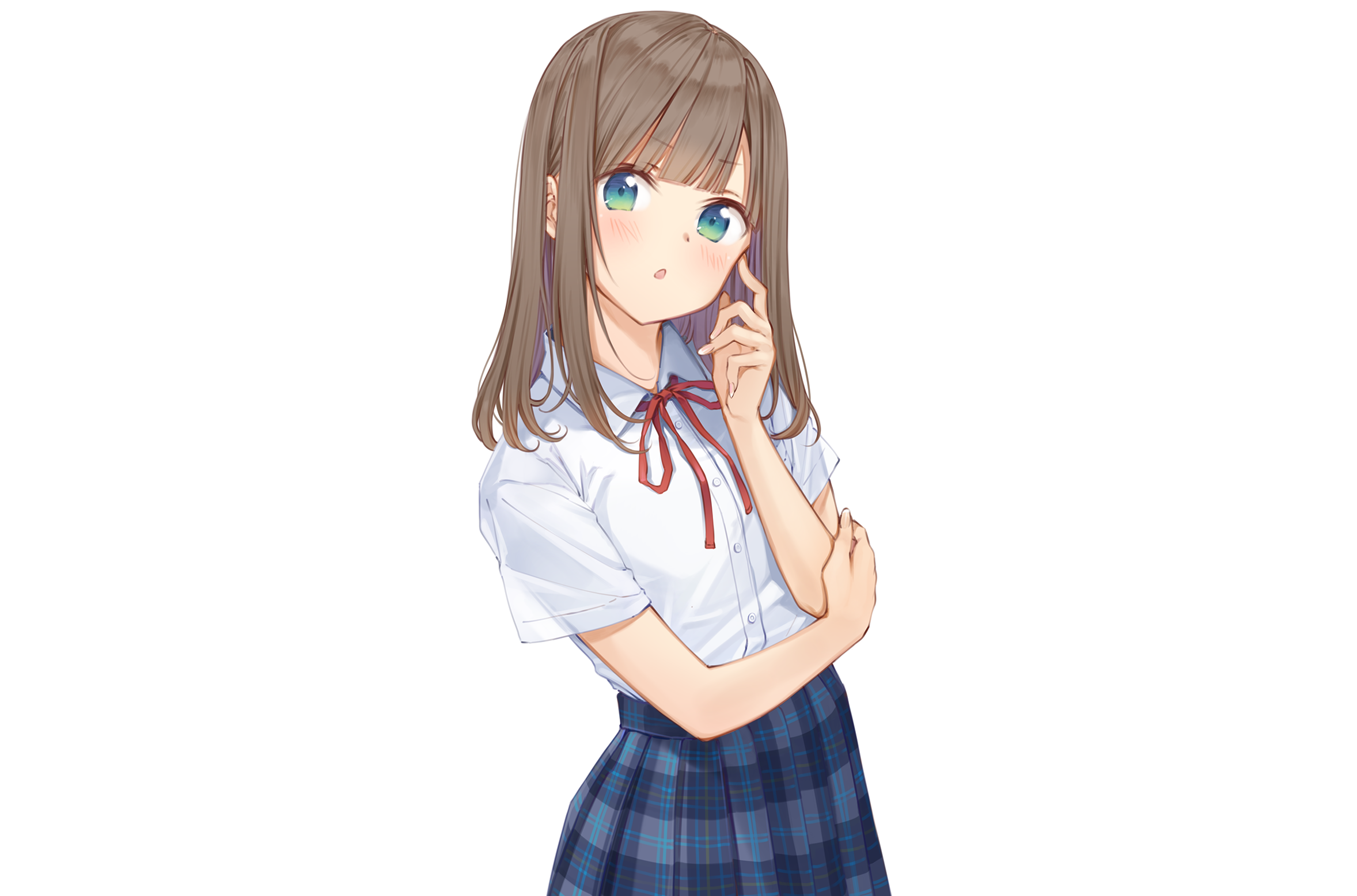 Anime girl with brown hair and aqua eyes in school uniform HD Wallpaper