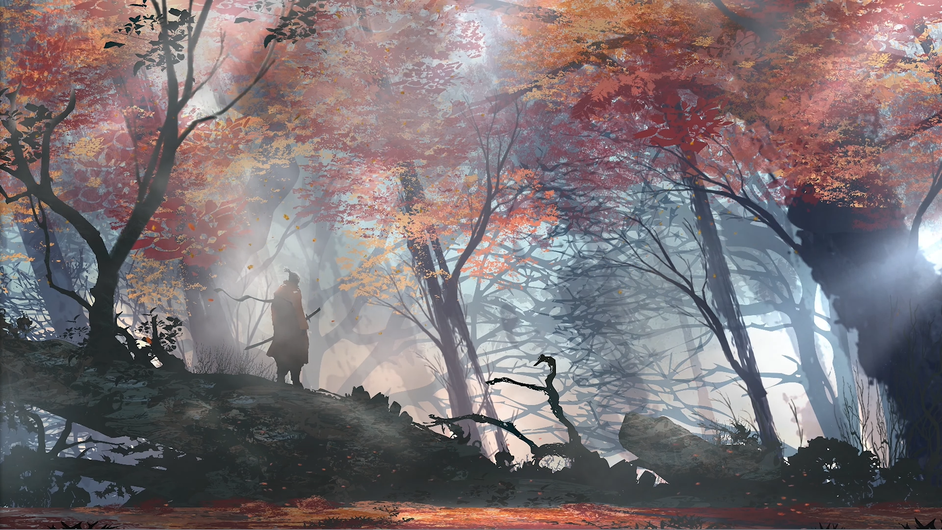 Samurai in a misty forest with autumn leaves HD Wallpaper