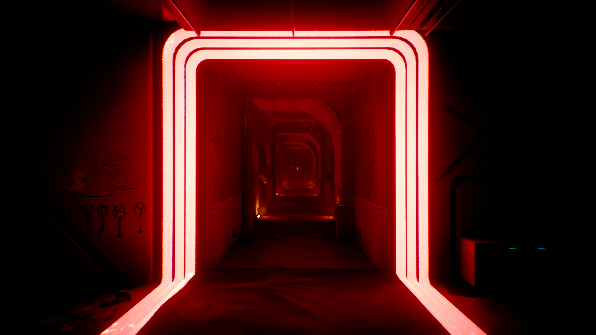 Cyberpunk 2077 hallway with red digital lighting HD Wallpaper