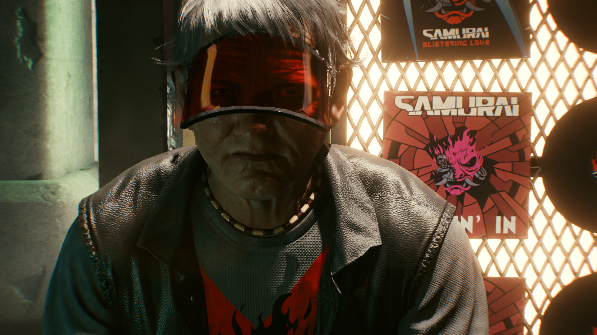 Man with visor and Samurai posters in Cyberpunk 2077 HD Wallpaper