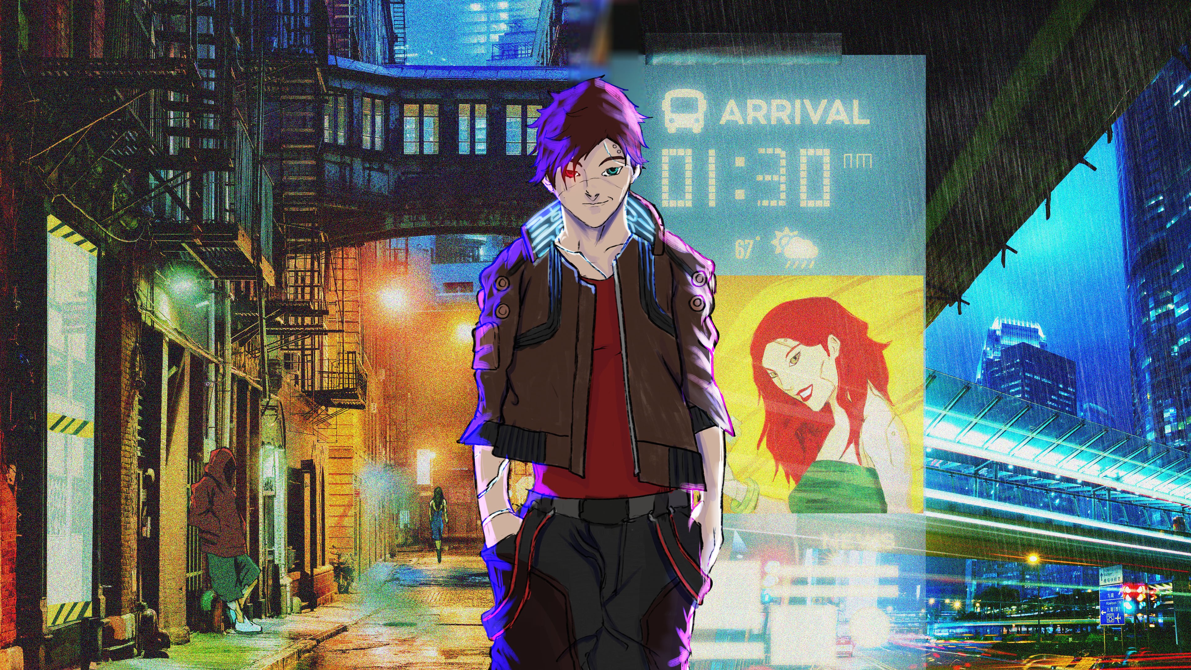 Anime character in a cyberpunk city HD Wallpaper