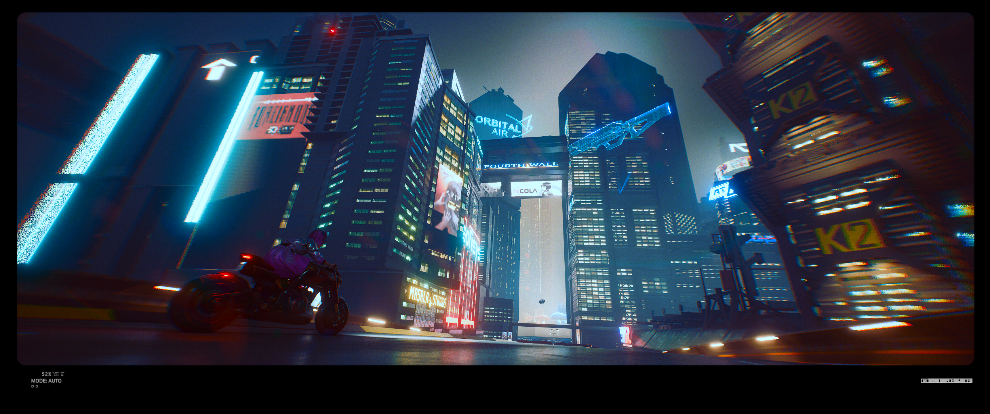 Cyberpunk city street with a motorcycle rider at night HD Wallpaper