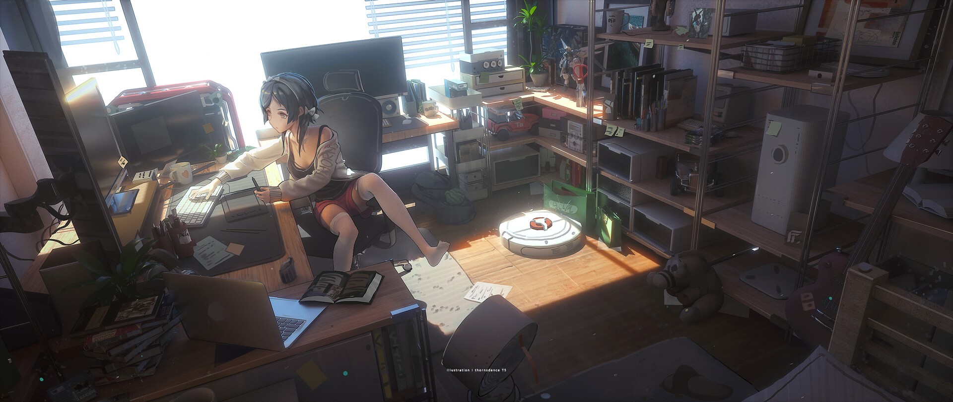 Anime girl working on computer in messy room HD Wallpaper