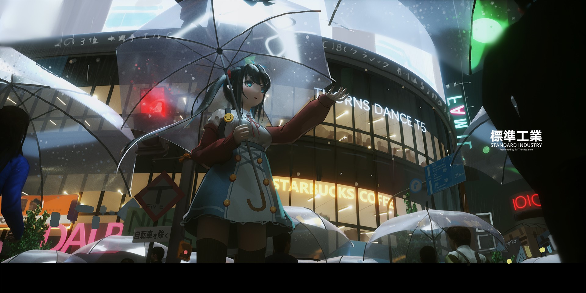 Anime girl with umbrella in rainy city with Starbucks HD Wallpaper