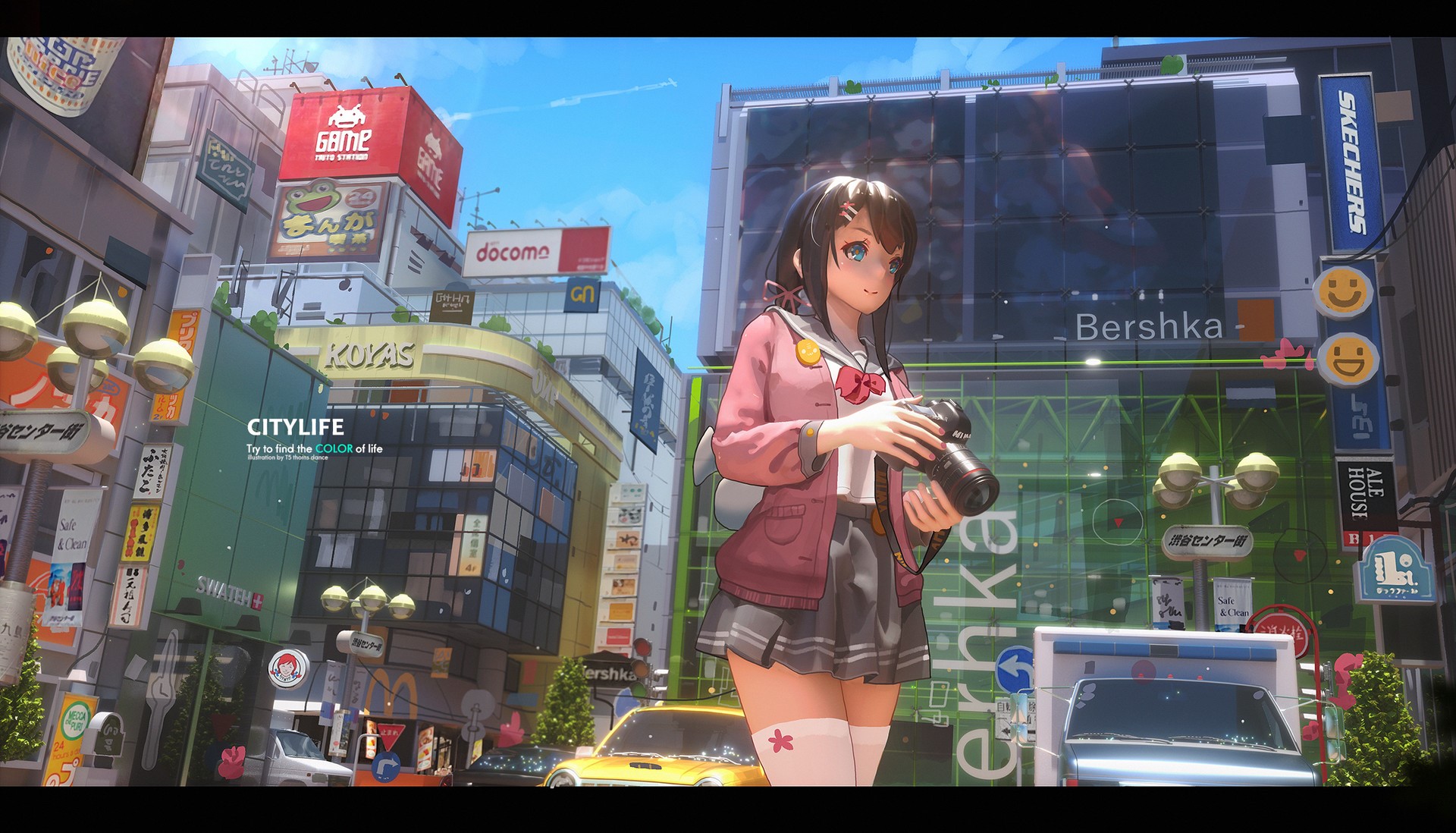 Anime girl with camera in a city HD Wallpaper