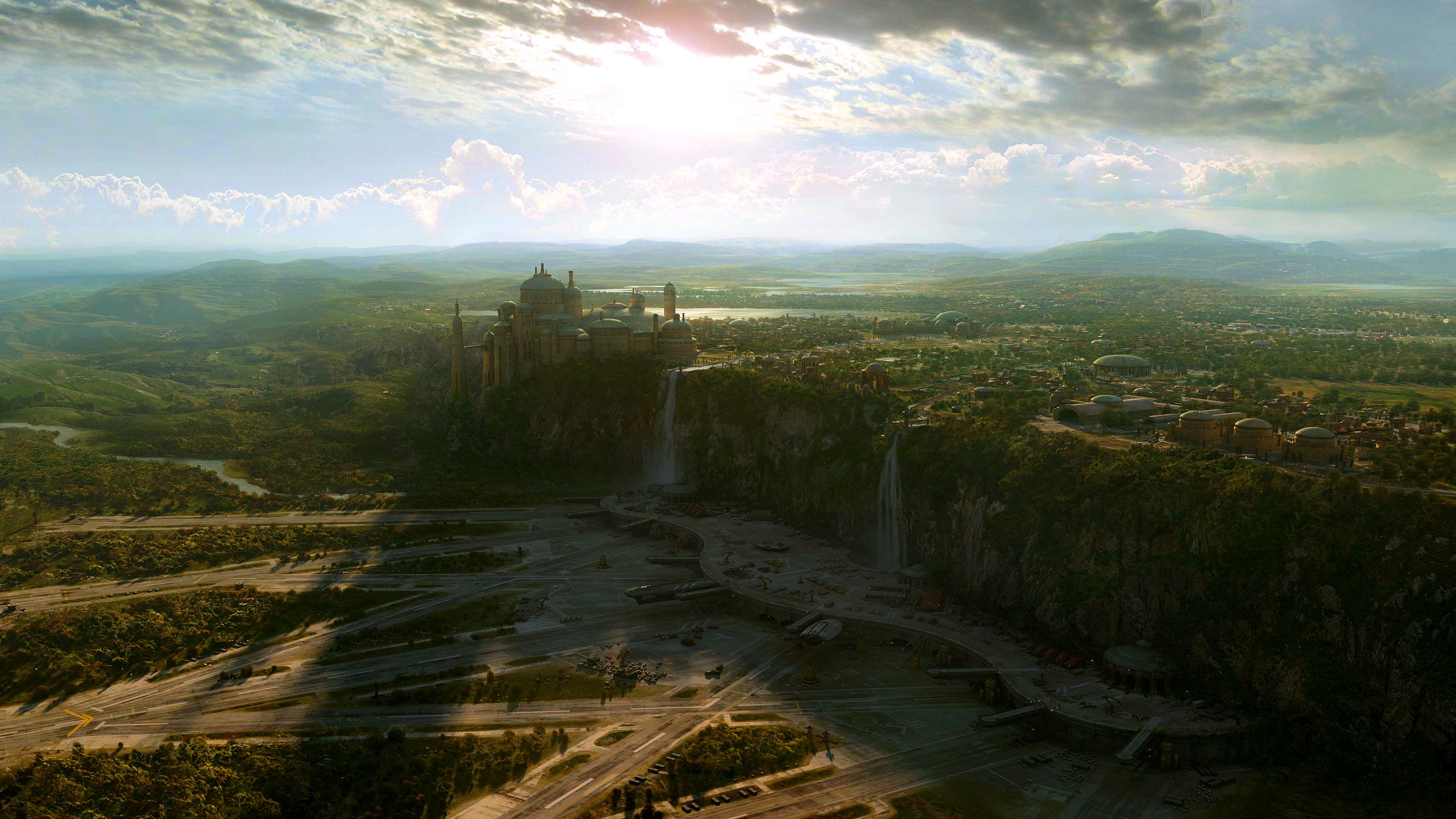 Naboo landscape with royal palace and waterfalls HD Wallpaper