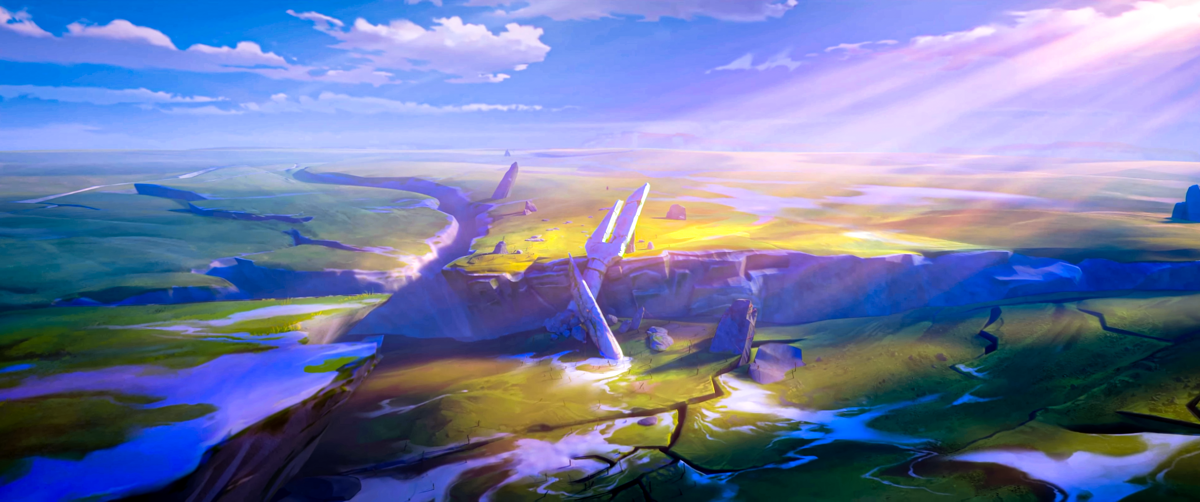 Fantasy landscape with ancient stone structures and rivers HD Wallpaper