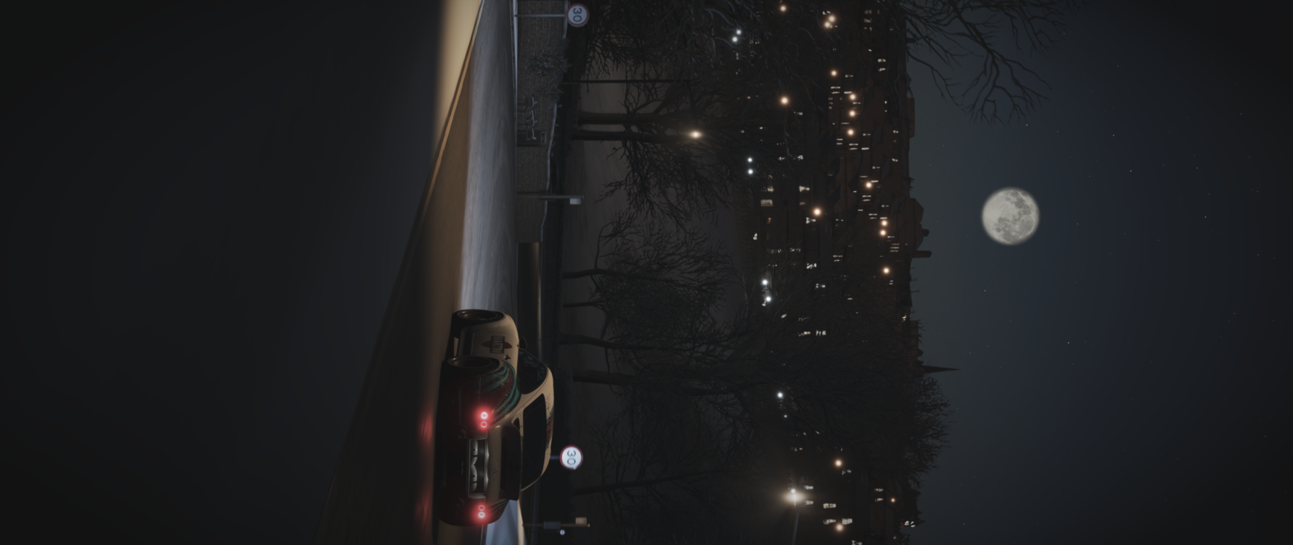 Car parked on a street at night with moon HD Wallpaper