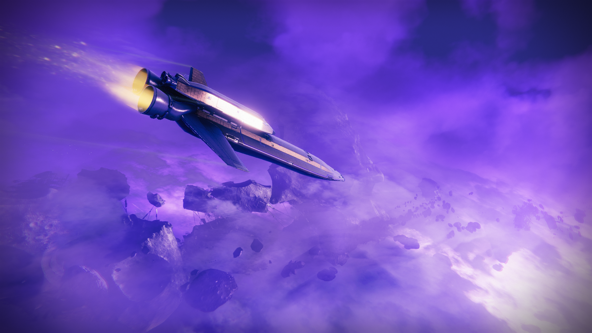 Spaceship flying through purple nebula in Destiny 2 HD Wallpaper