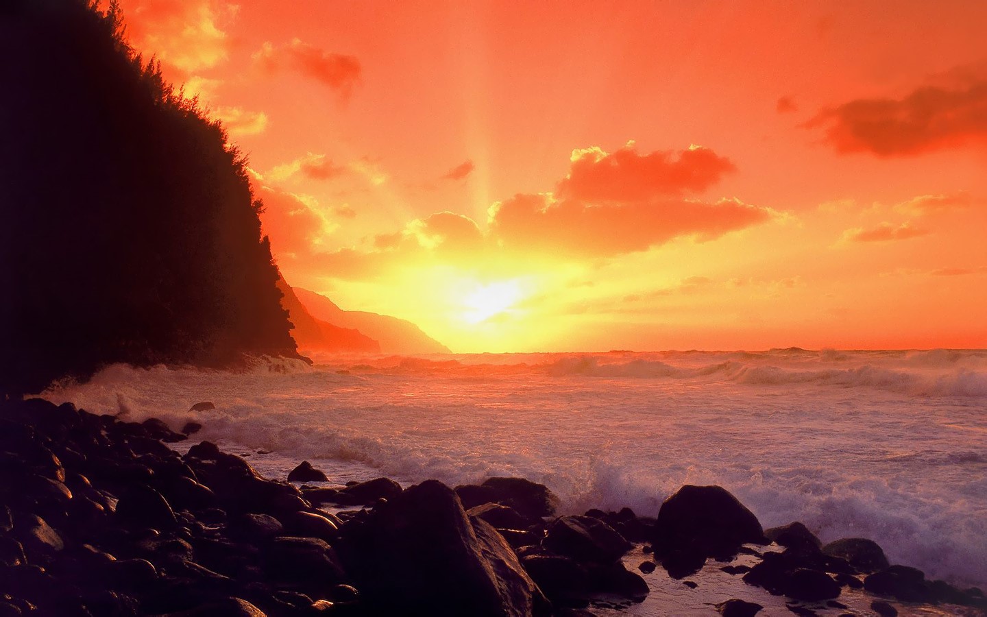 Sunset over the ocean with rocky shore HD Wallpaper