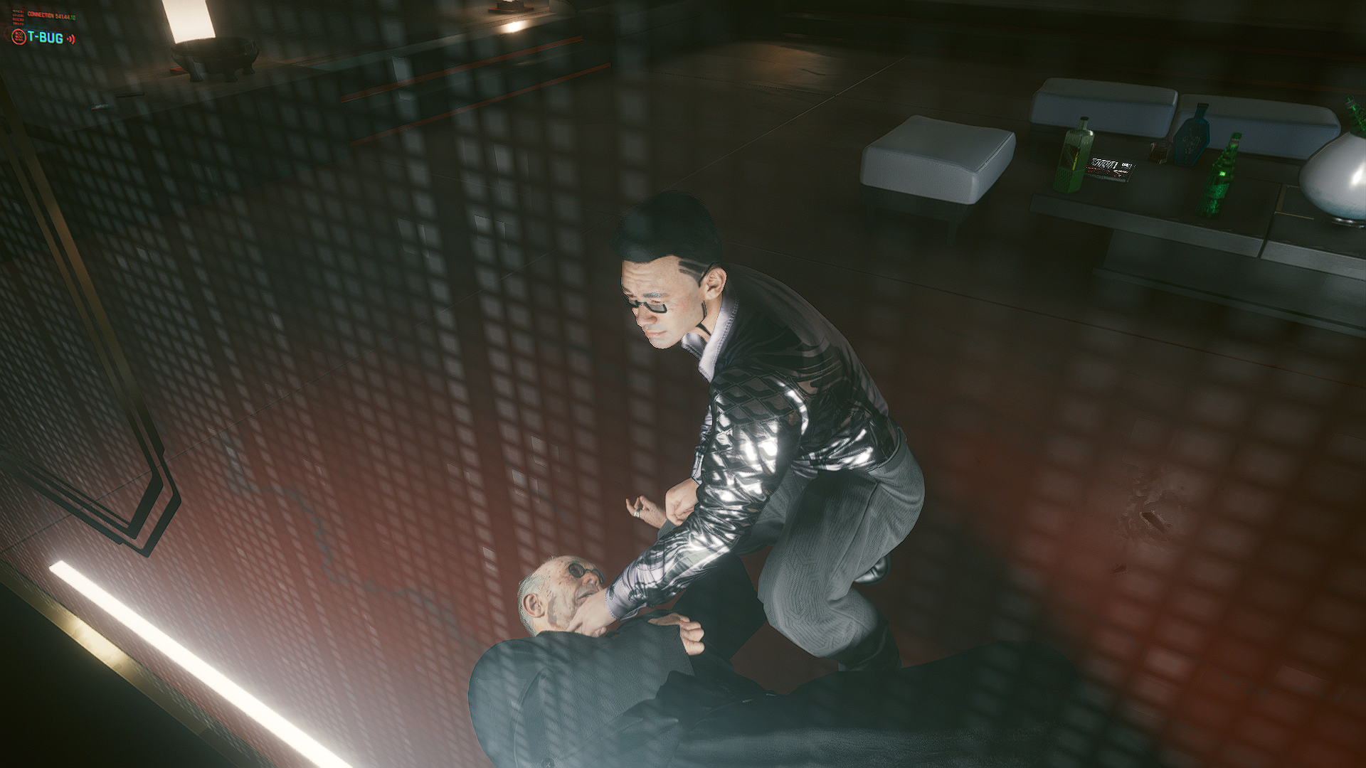 Man in shiny jacket choking an elderly man in Cyberpunk 2077 HD Wallpaper