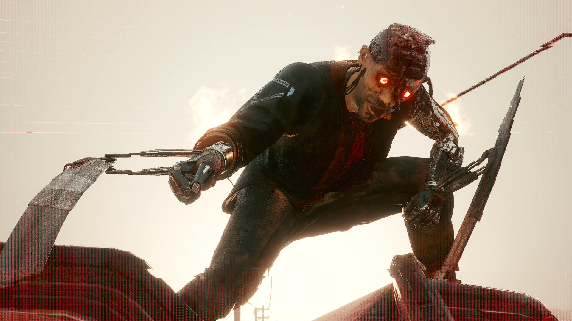 Cyberpunk 2077 character with cybernetic arm and glowing eyes HD Wallpaper