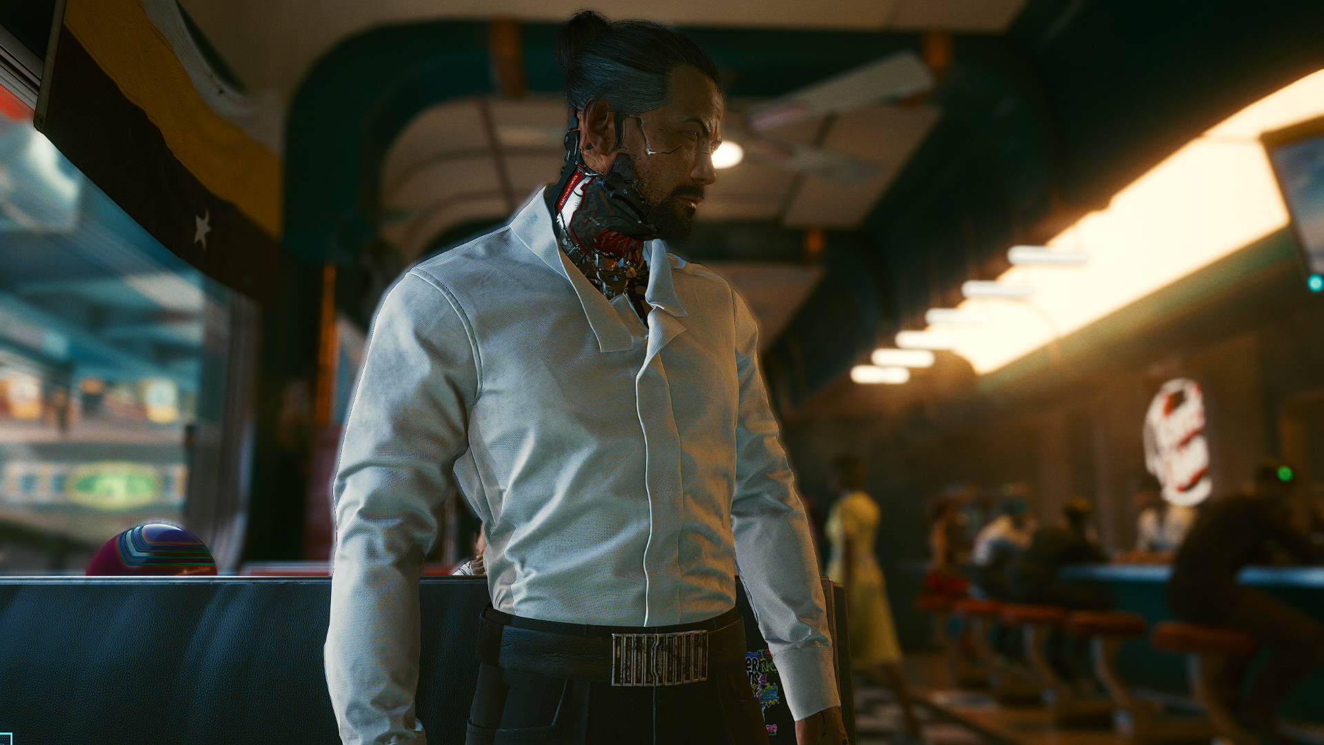 Man with cybernetic neck in Cyberpunk 2077 HD Wallpaper