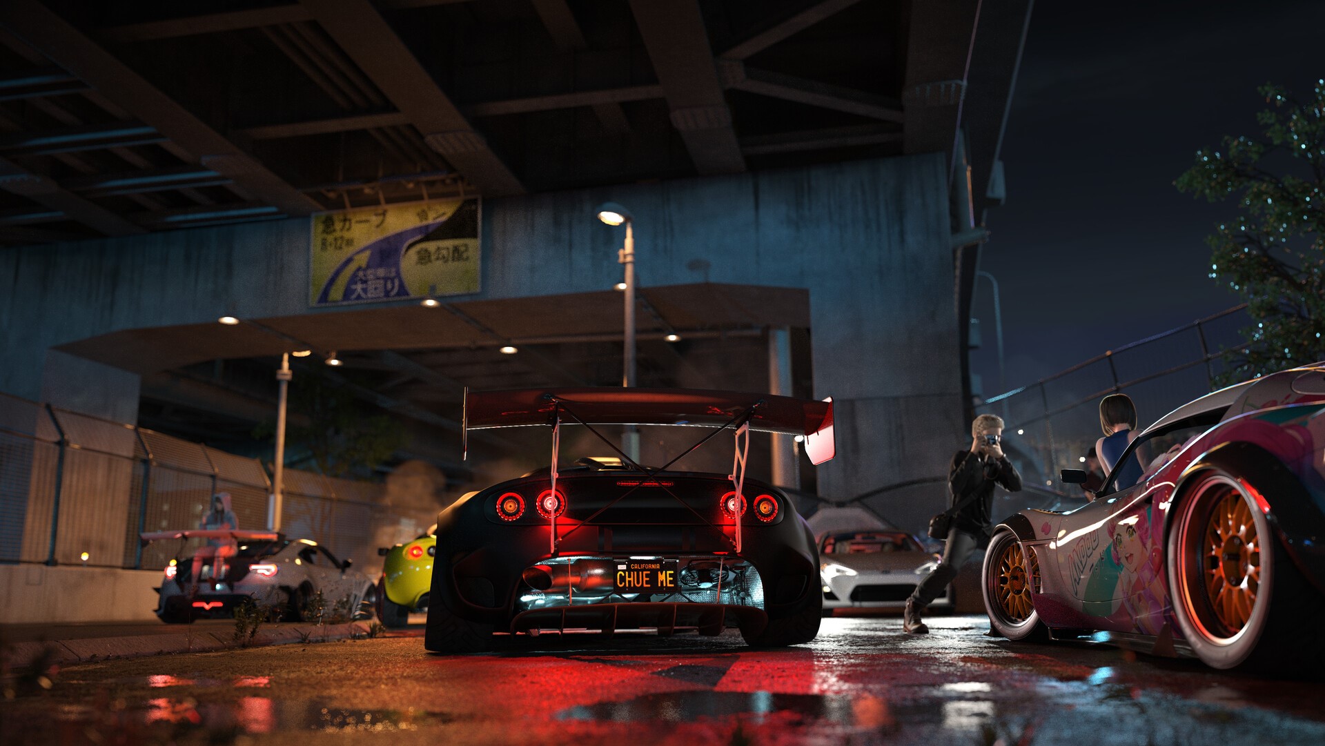Lotus Exige and Toyota 86 at night under a bridge HD Wallpaper