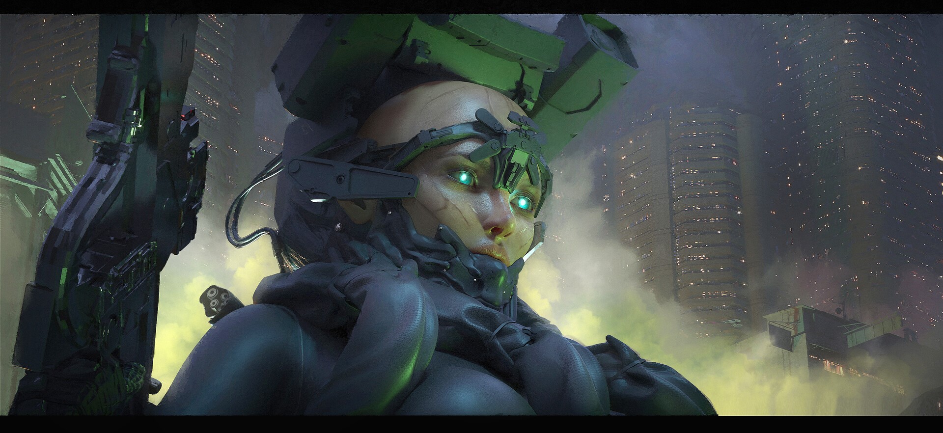Cyberpunk character with glowing green eyes and weapon HD Wallpaper