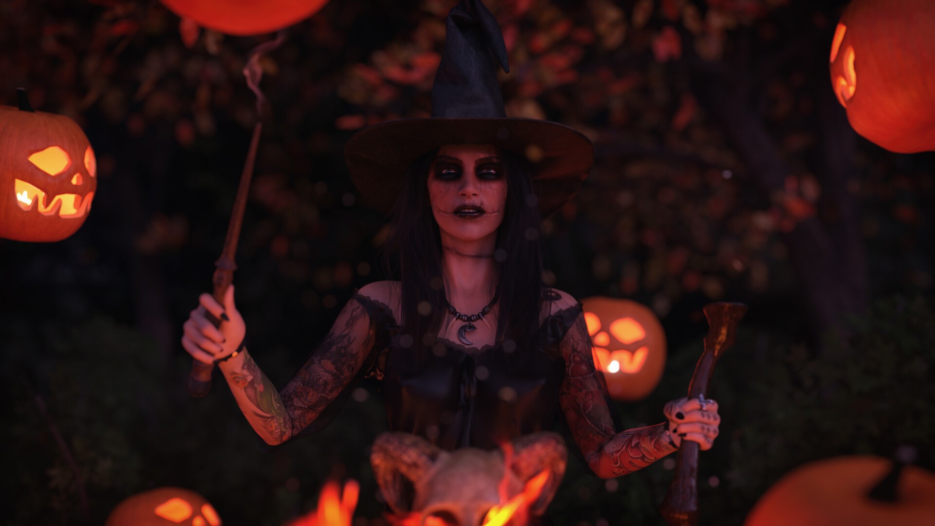 Witch with pumpkins and skull for Halloween HD Wallpaper