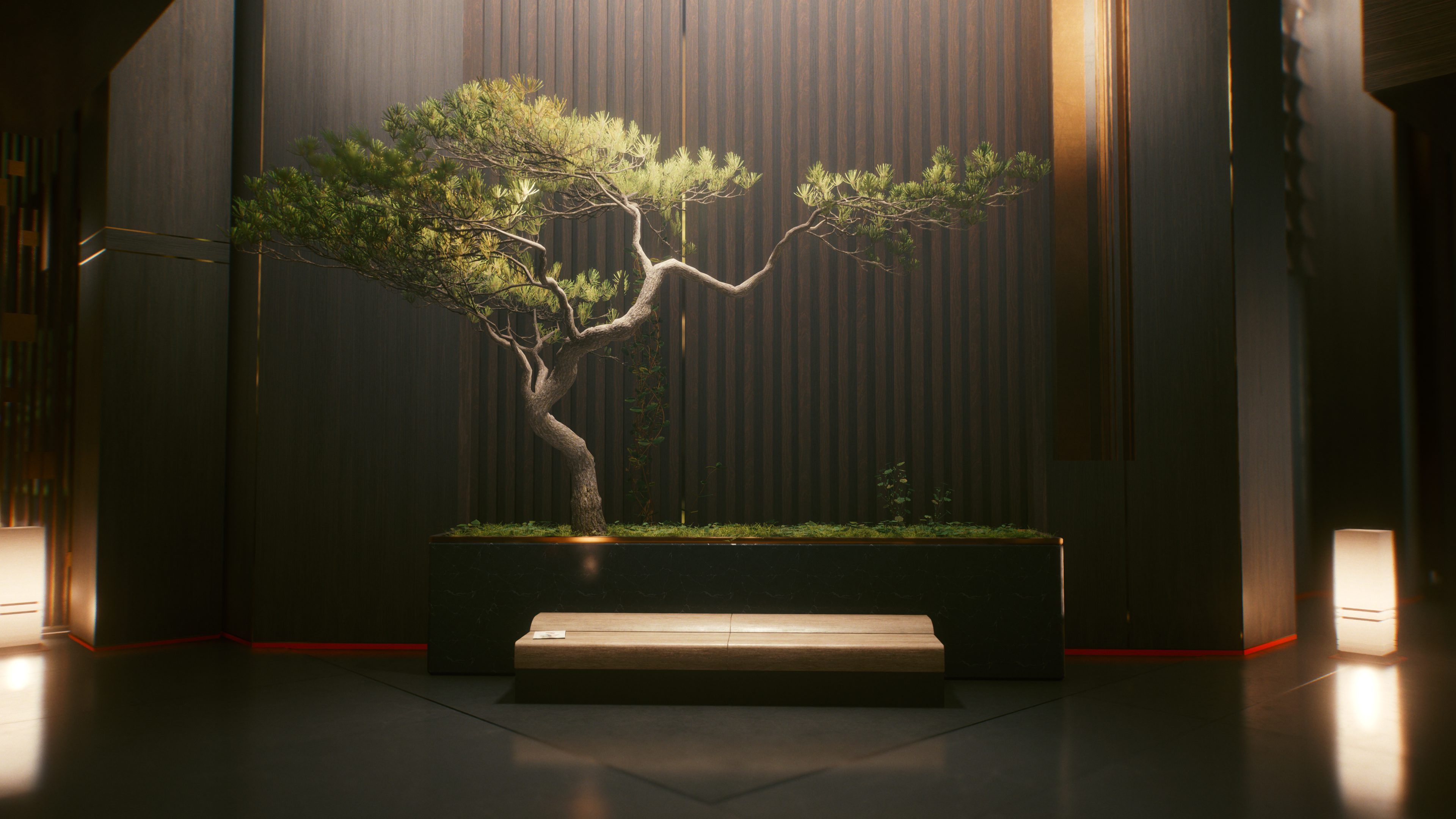 Cyberpunk 2077 Bonsai Tree and Bench HD Wallpaper