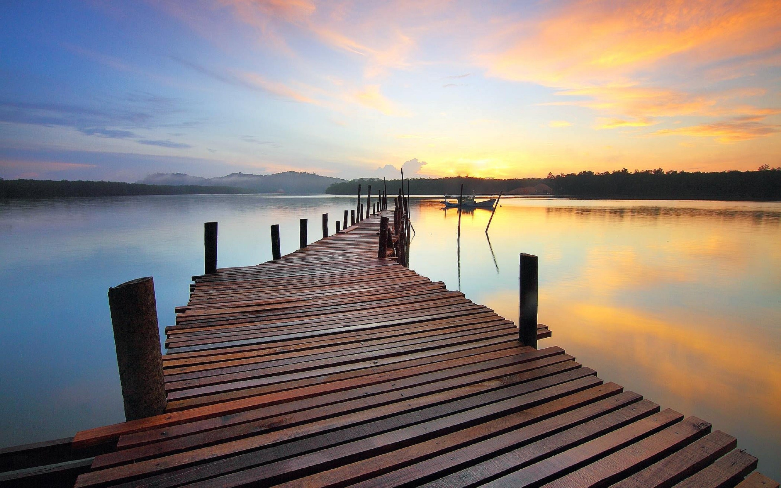 Wooden pier on a lake at sunset HD Wallpaper
