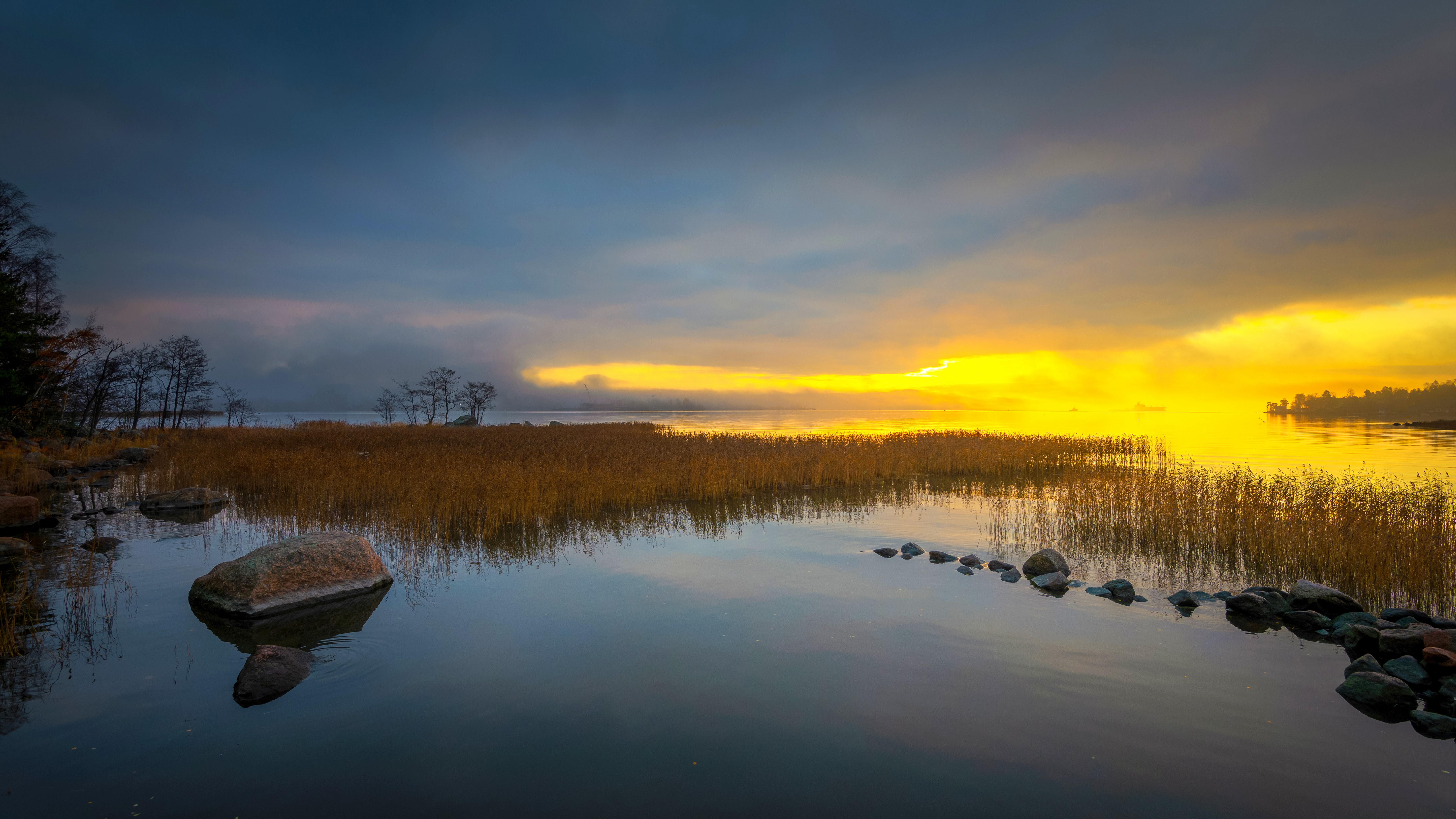 Sunrise over a misty lake in Kotka, Finland HD Wallpaper