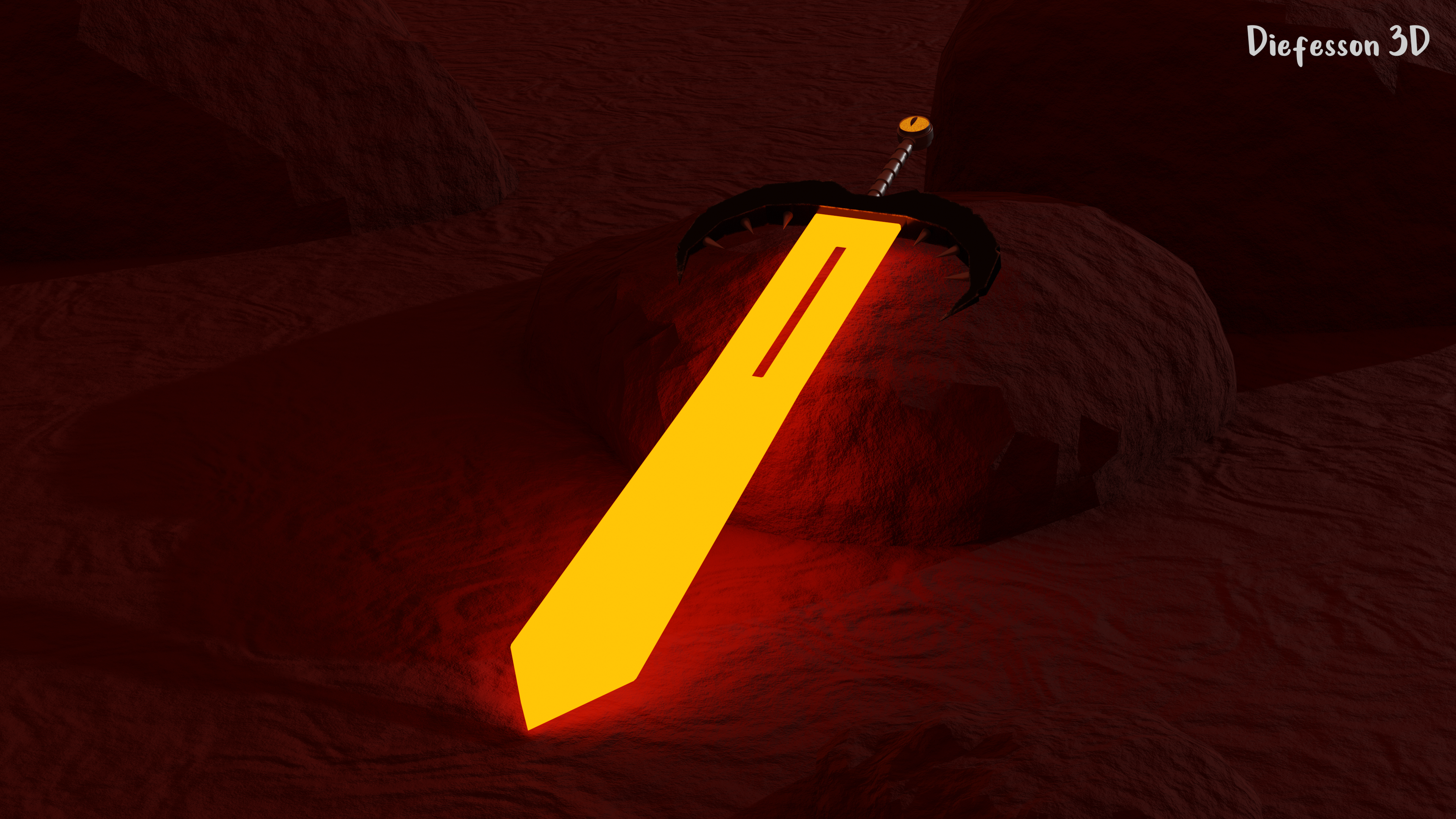 Glowing sword in a dark, rocky environment HD Wallpaper