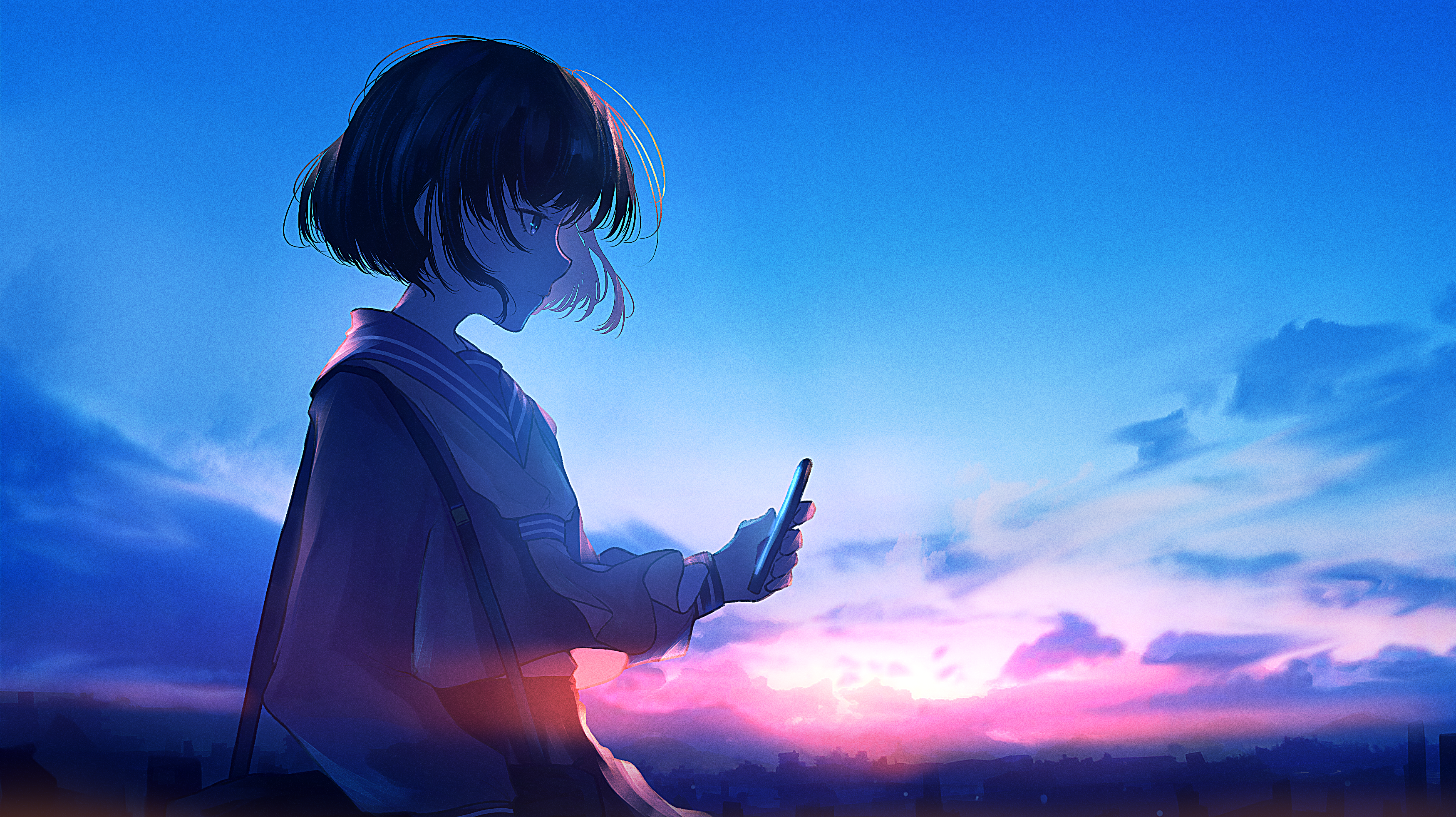Girl with short black hair looking at smartphone during sunset HD Wallpaper
