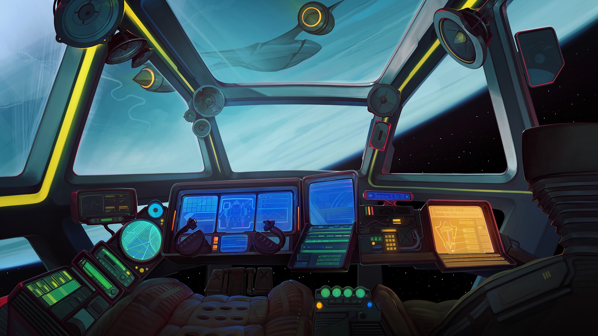 Spaceship cockpit with planet and stars visible HD Wallpaper