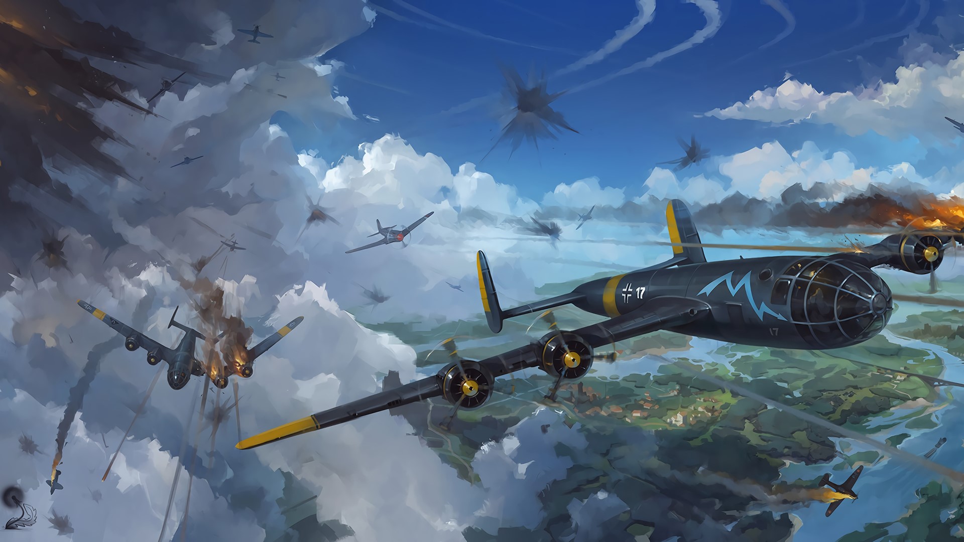World War II aerial combat with bombers and fighters HD Wallpaper