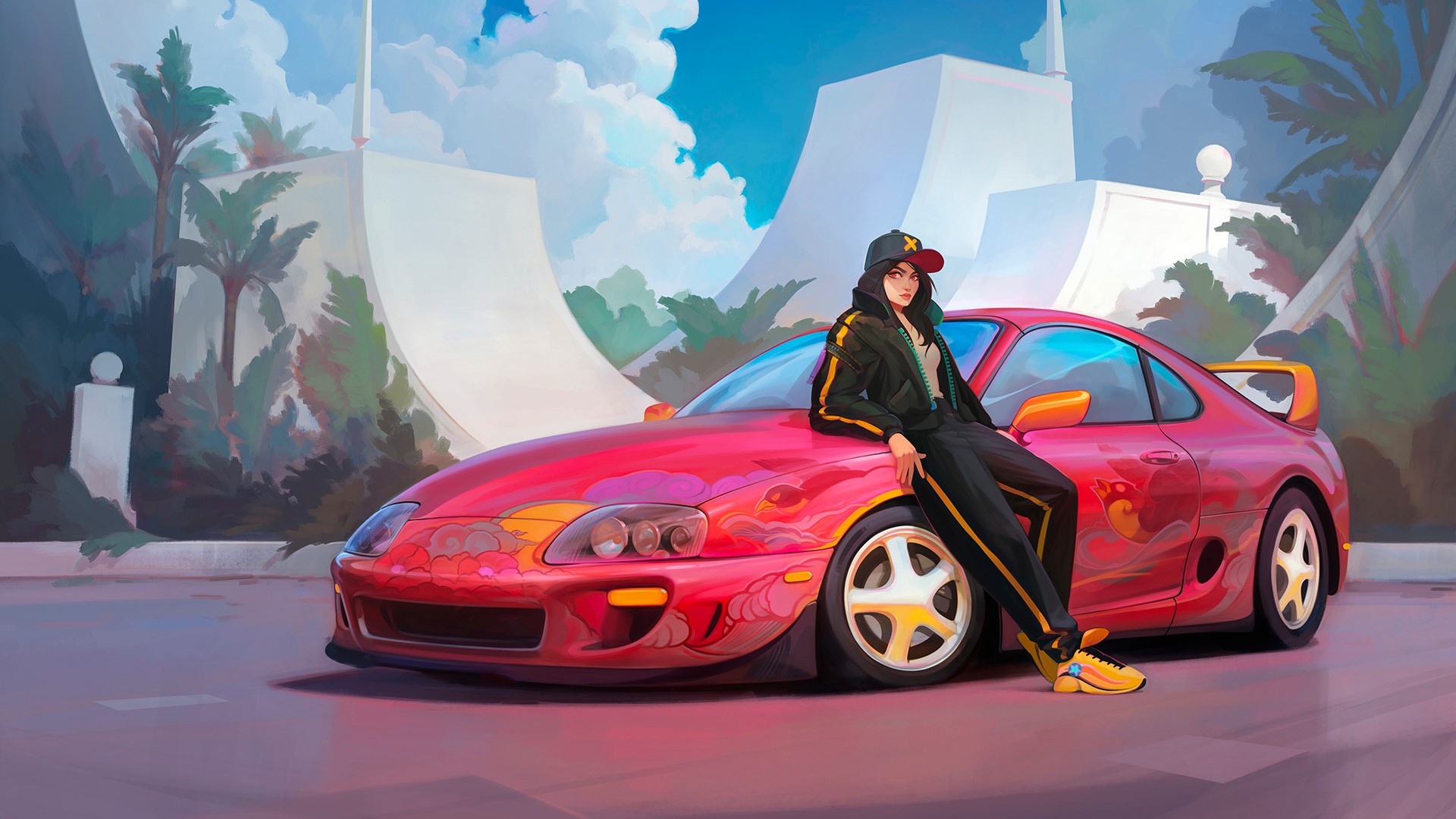 Woman in hat leaning on red Toyota Supra MK4 HD Wallpaper