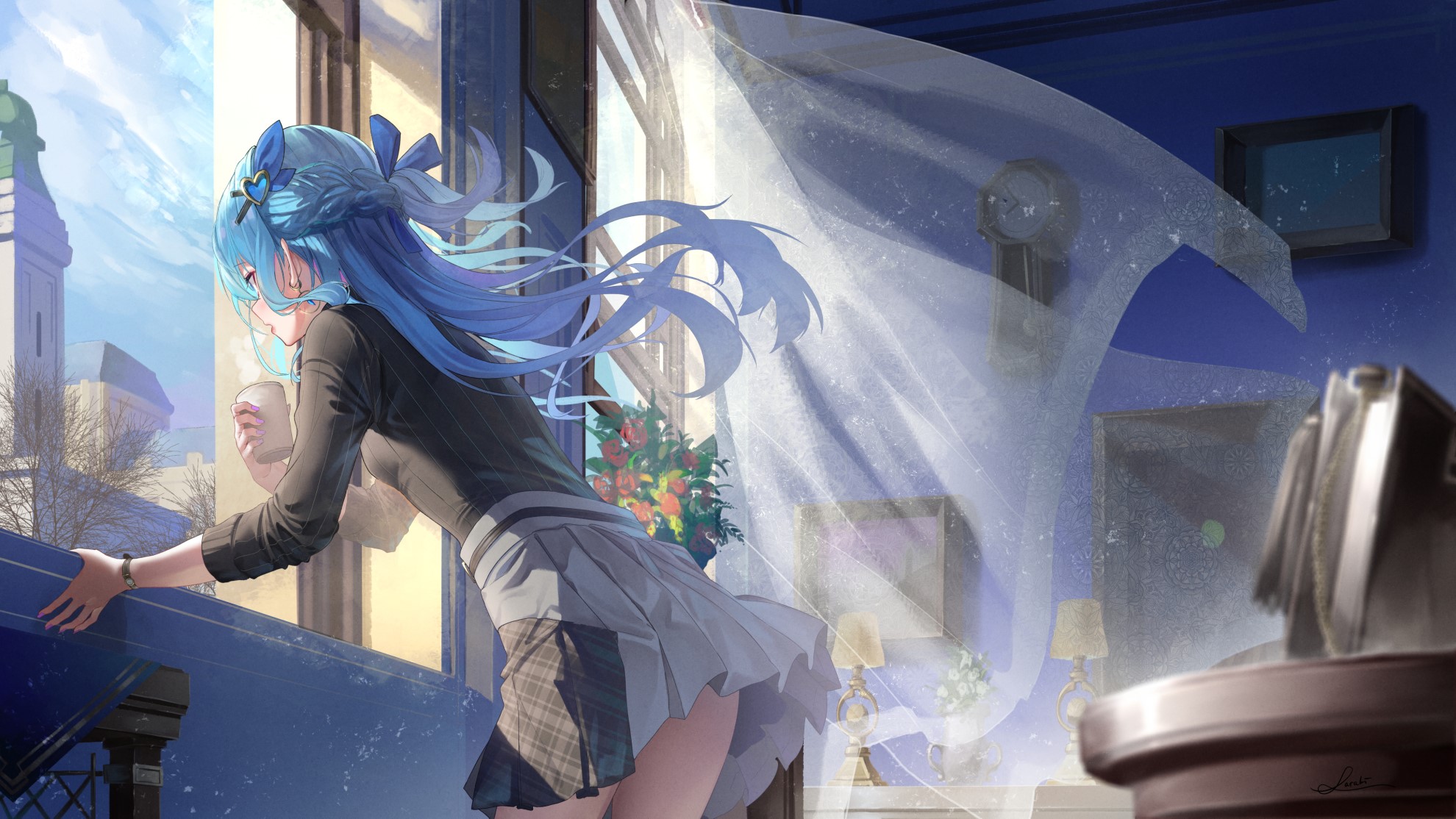 Anime girl with blue hair by the window HD Wallpaper
