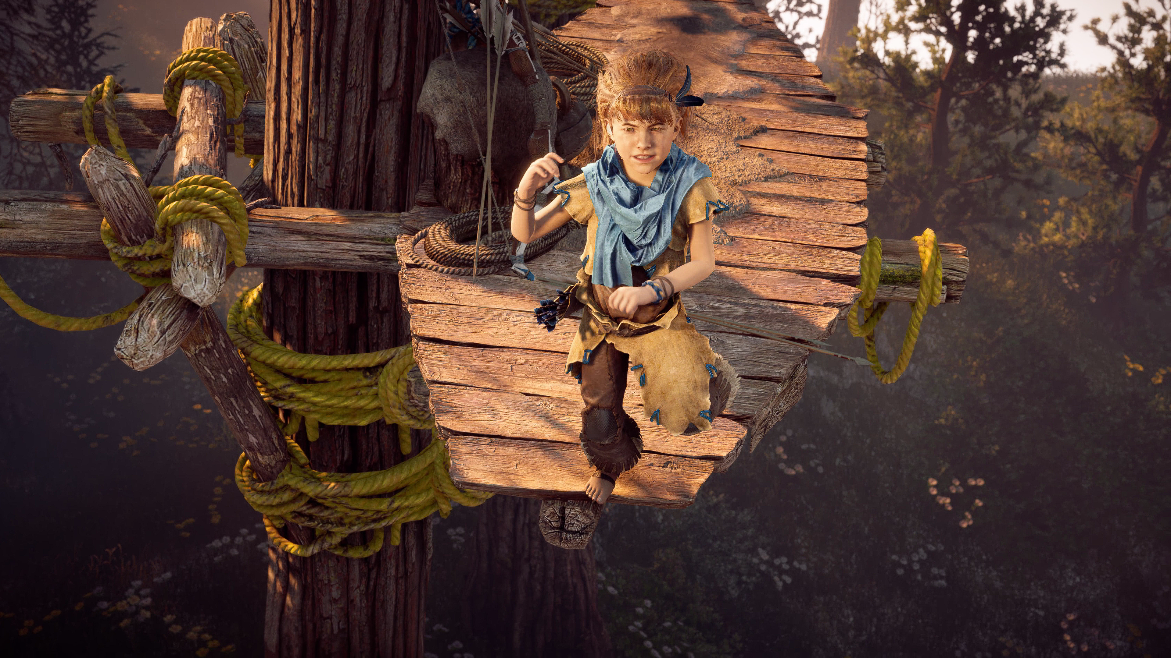 Aloy from Horizon Zero Dawn on a wooden platform HD Wallpaper