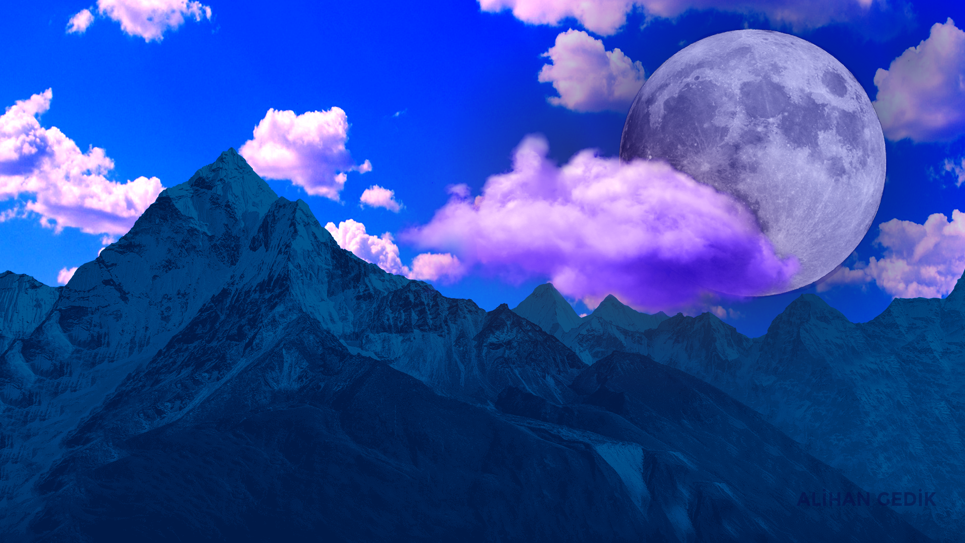 Mountains under a large moon and clouds HD Wallpaper