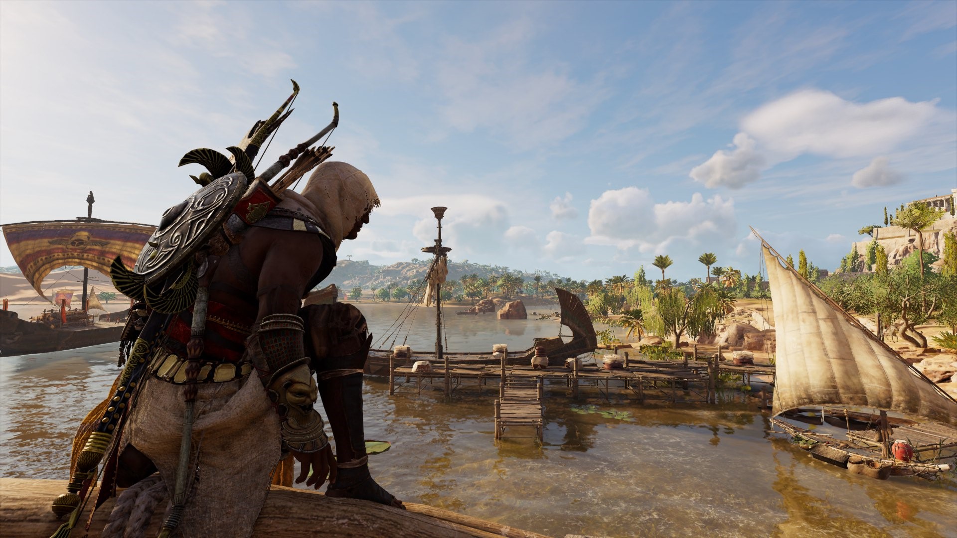 Bayek from Assassin's Creed: Origins on a dock HD Wallpaper