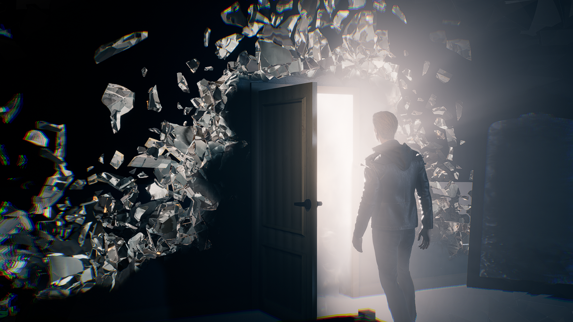Man walking through a shattered doorway into bright light HD Wallpaper