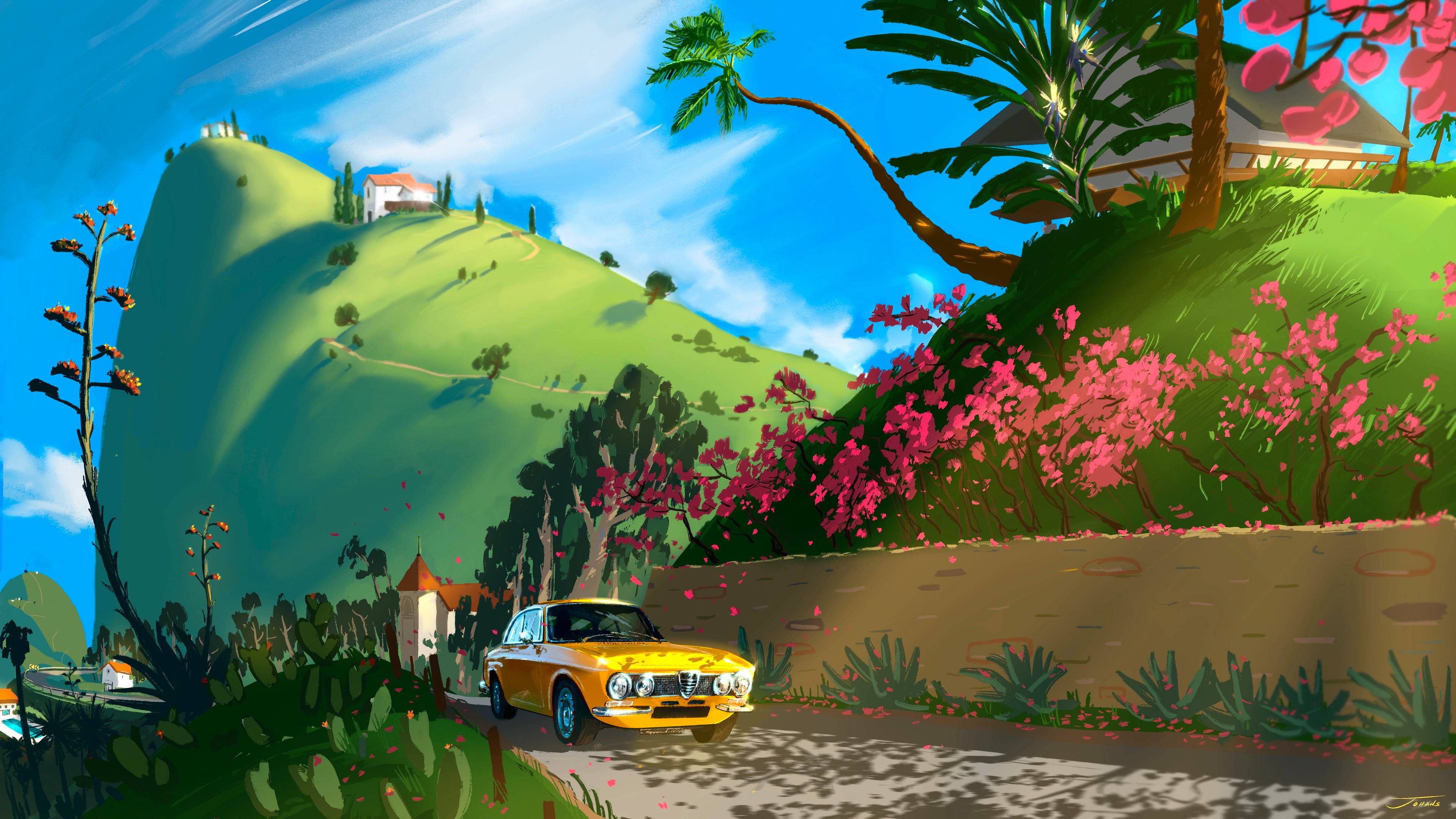 Yellow Alfa Romeo Giulia on a sunny hillside road HD Wallpaper