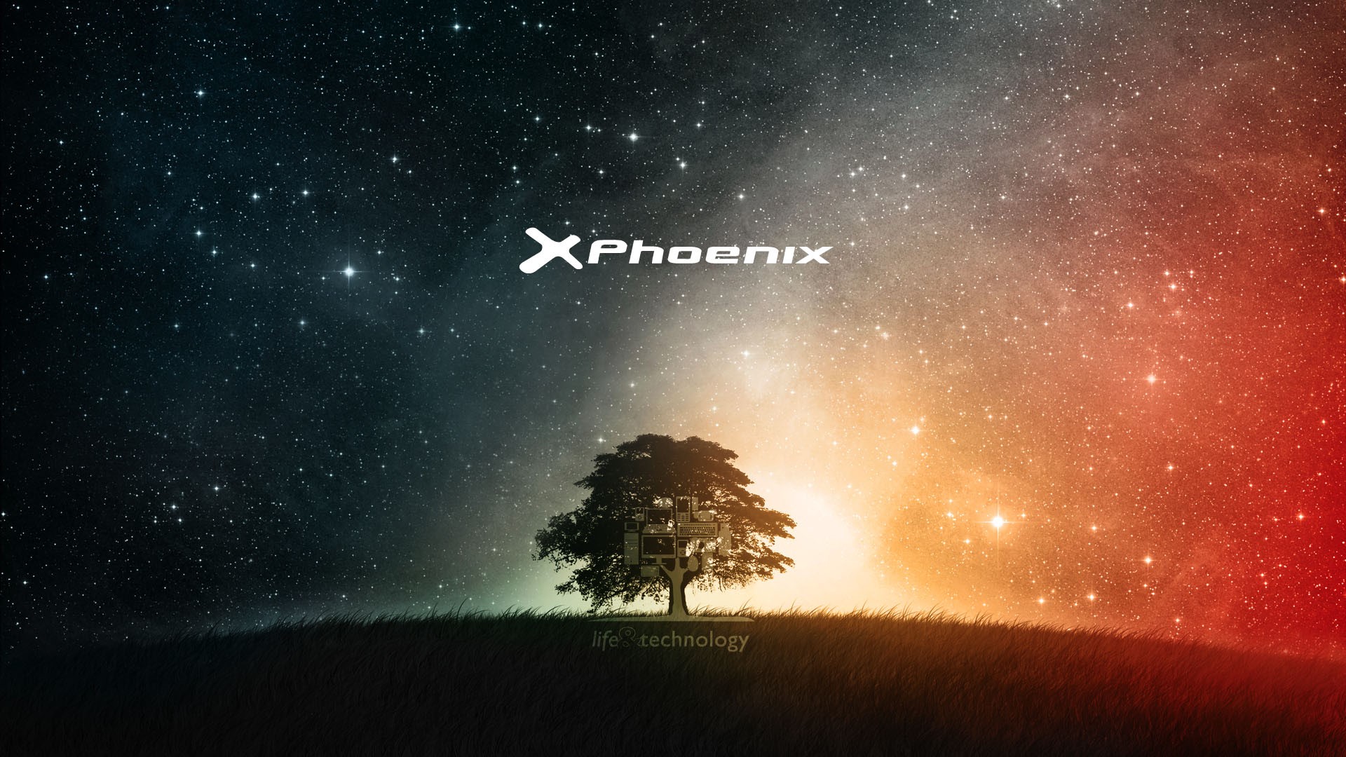 X Phoenix logo over a tree and starry sky HD Wallpaper