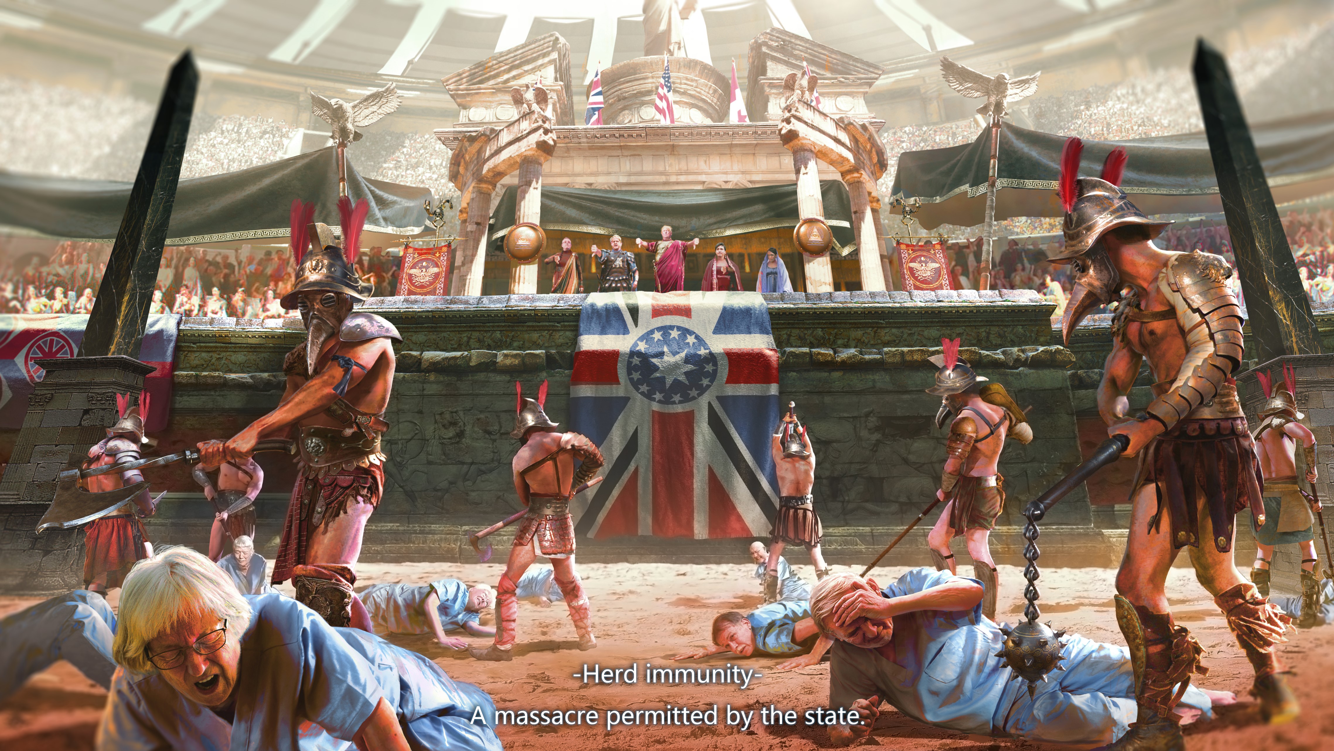Gladiators in Arena with "Herd Immunity" Banner HD Wallpaper